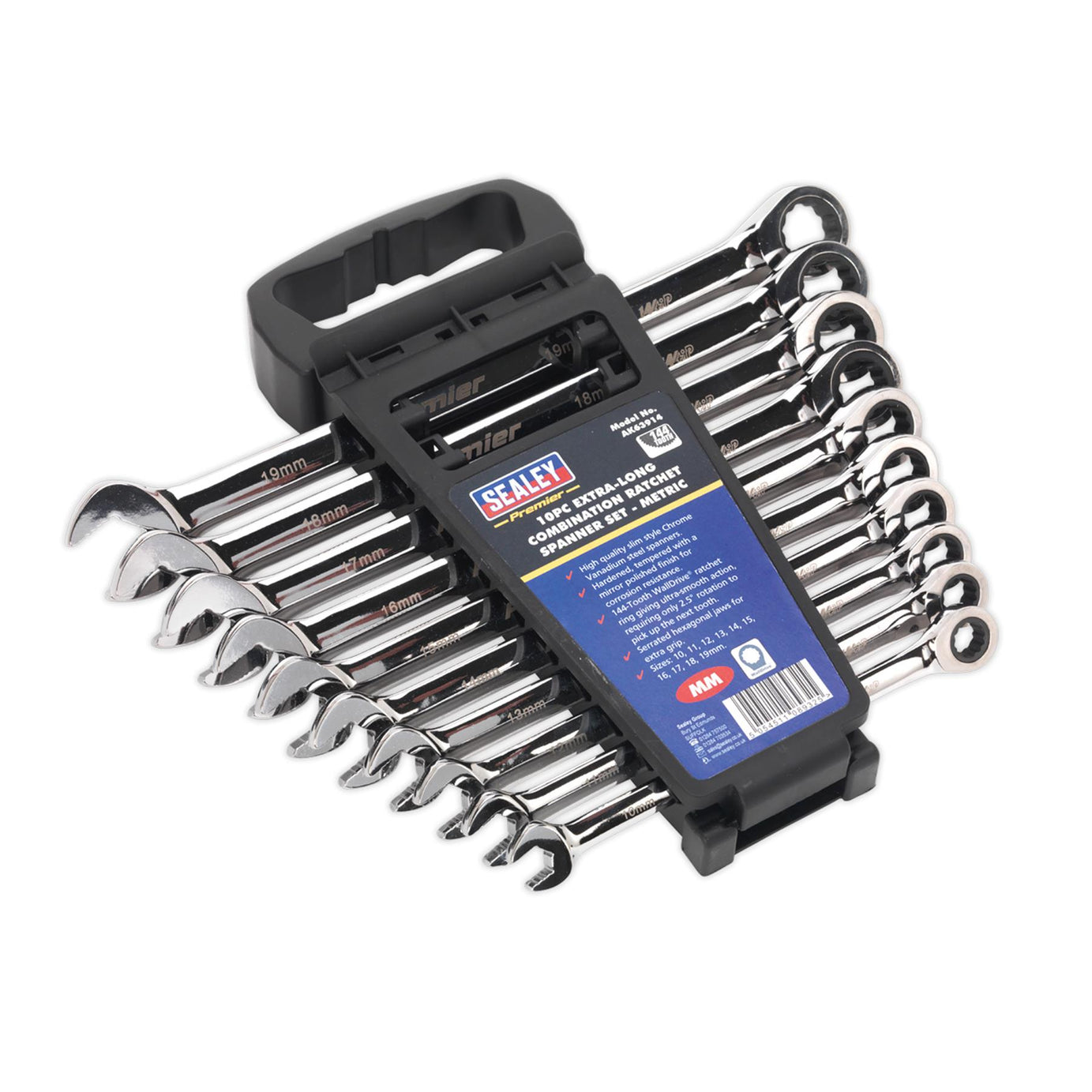 Sealey Combination Ratchet Spanner Set 10pc Extra-Long Metric