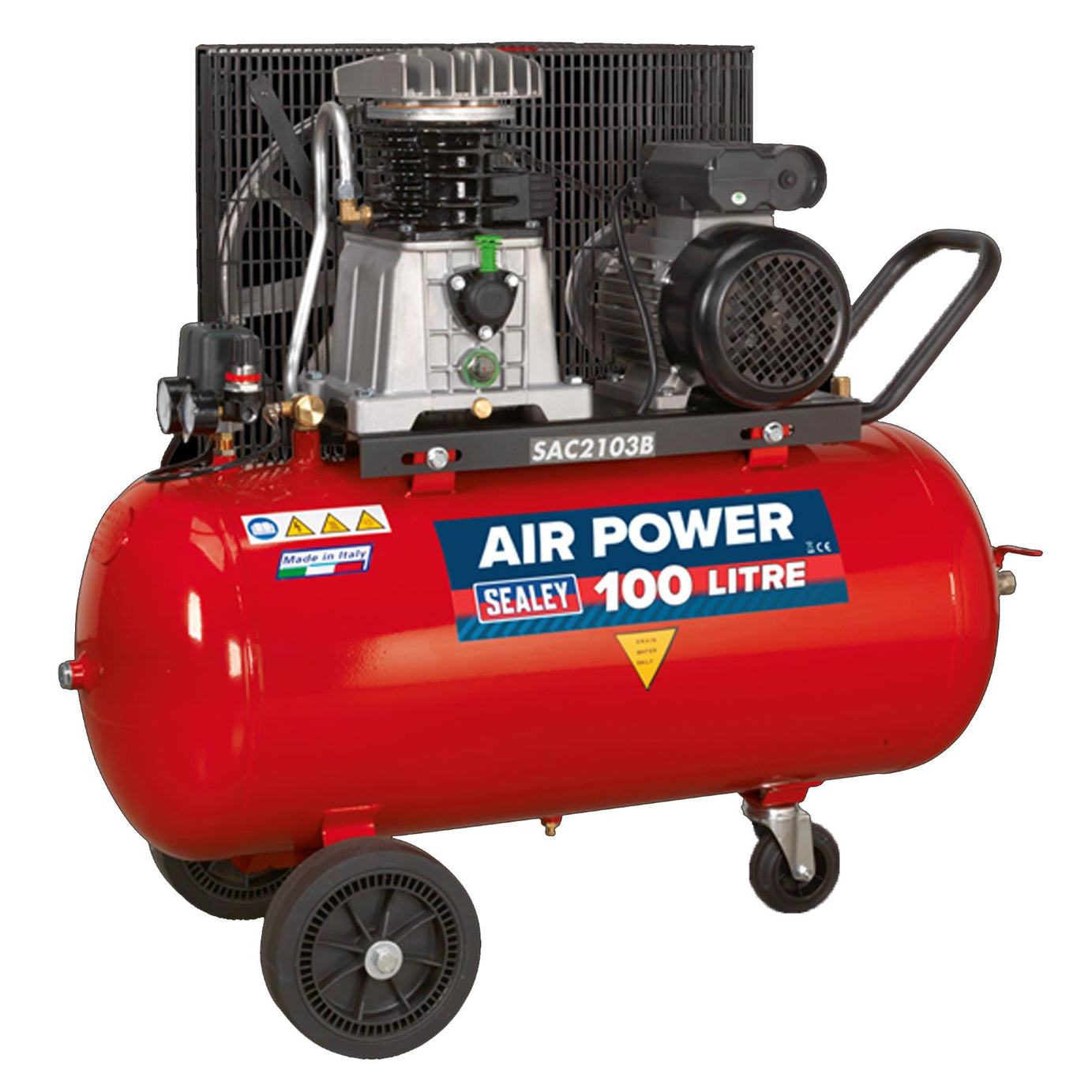 Sealey Compressor 100L Belt Drive 3hp with Cast Cylinders & Wheels