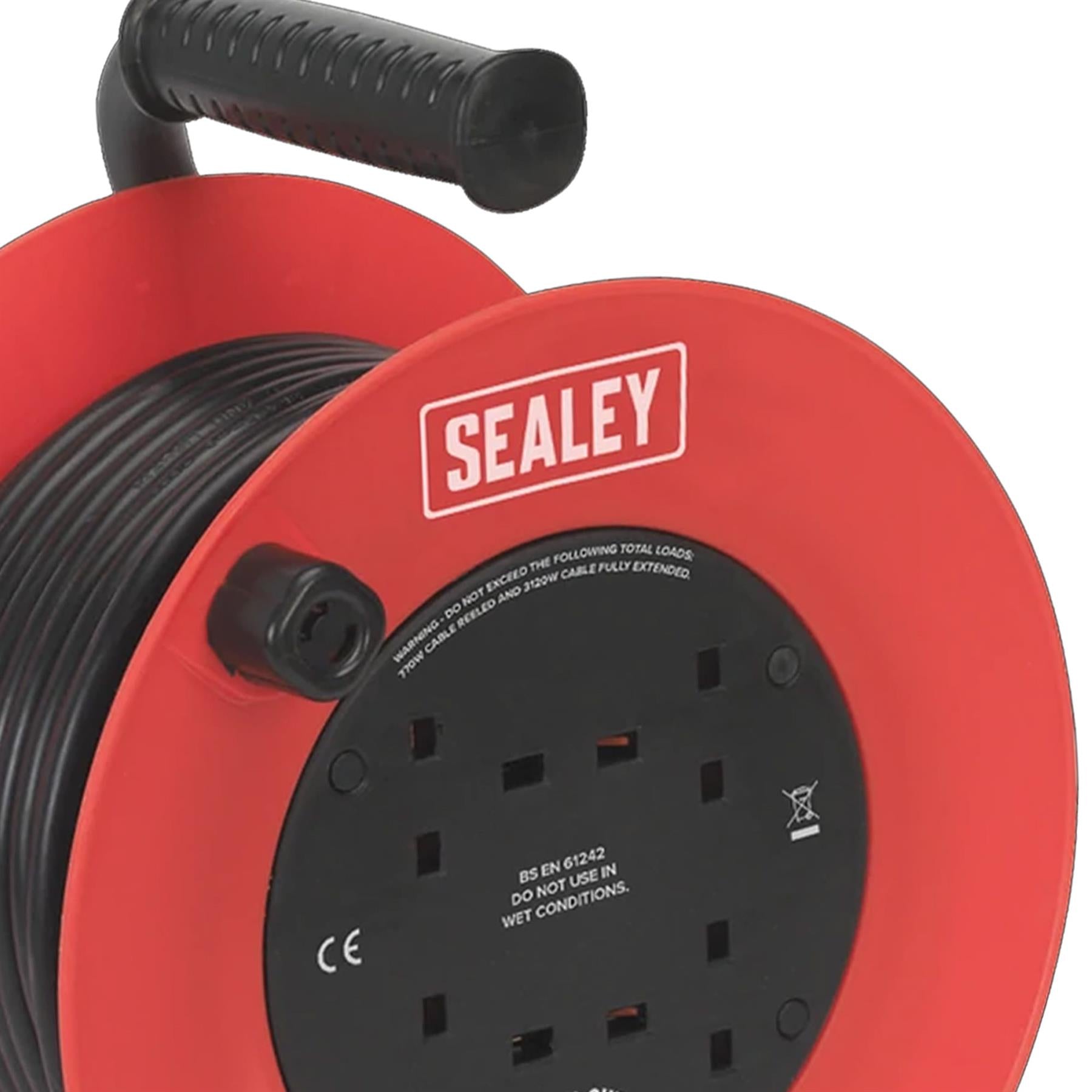 Sealey 4 Way Gang Socket Extension Heavy Duty 25m Cable Reel Electrical Lead