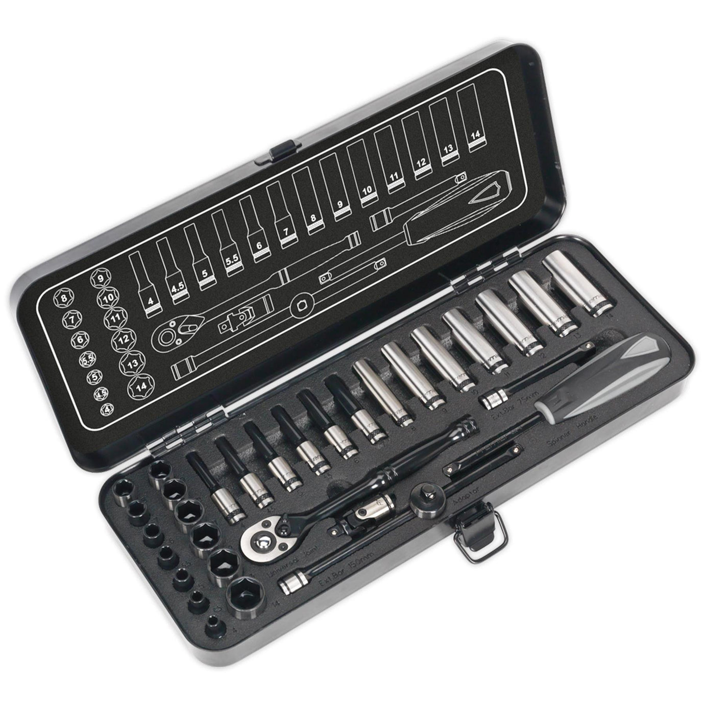 Sealey Socket Set 32pc 1/4"Sq Dr 6pt WallDrive Metric Black Series