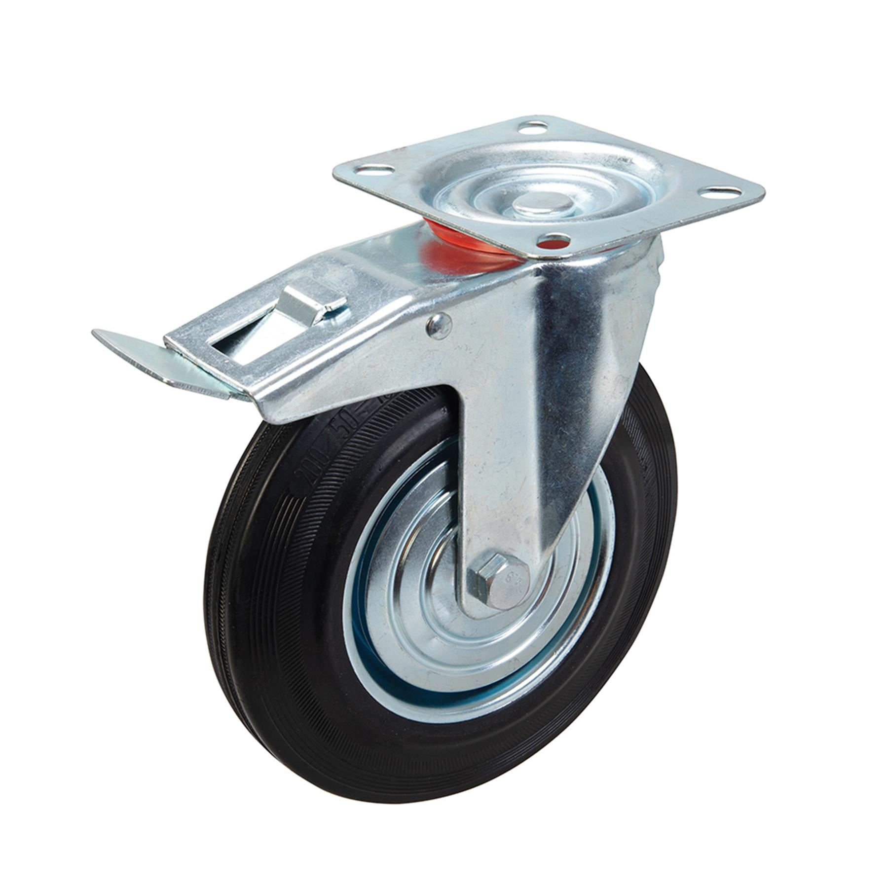 Heavy Duty Braked Rubber Castor - 200mm 200Kg With Non-Marking Tyres And Brake