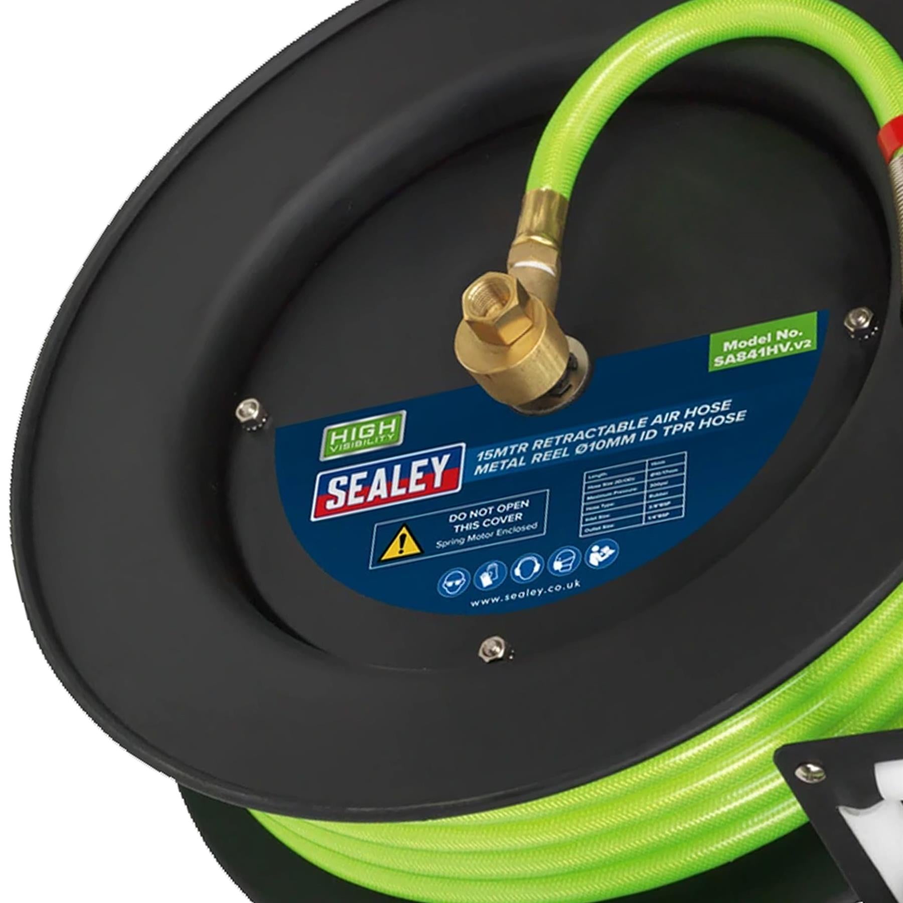 Sealey Retractable Air Hose Metal Reel 15m x 10mm ID Hi-Vis TPR