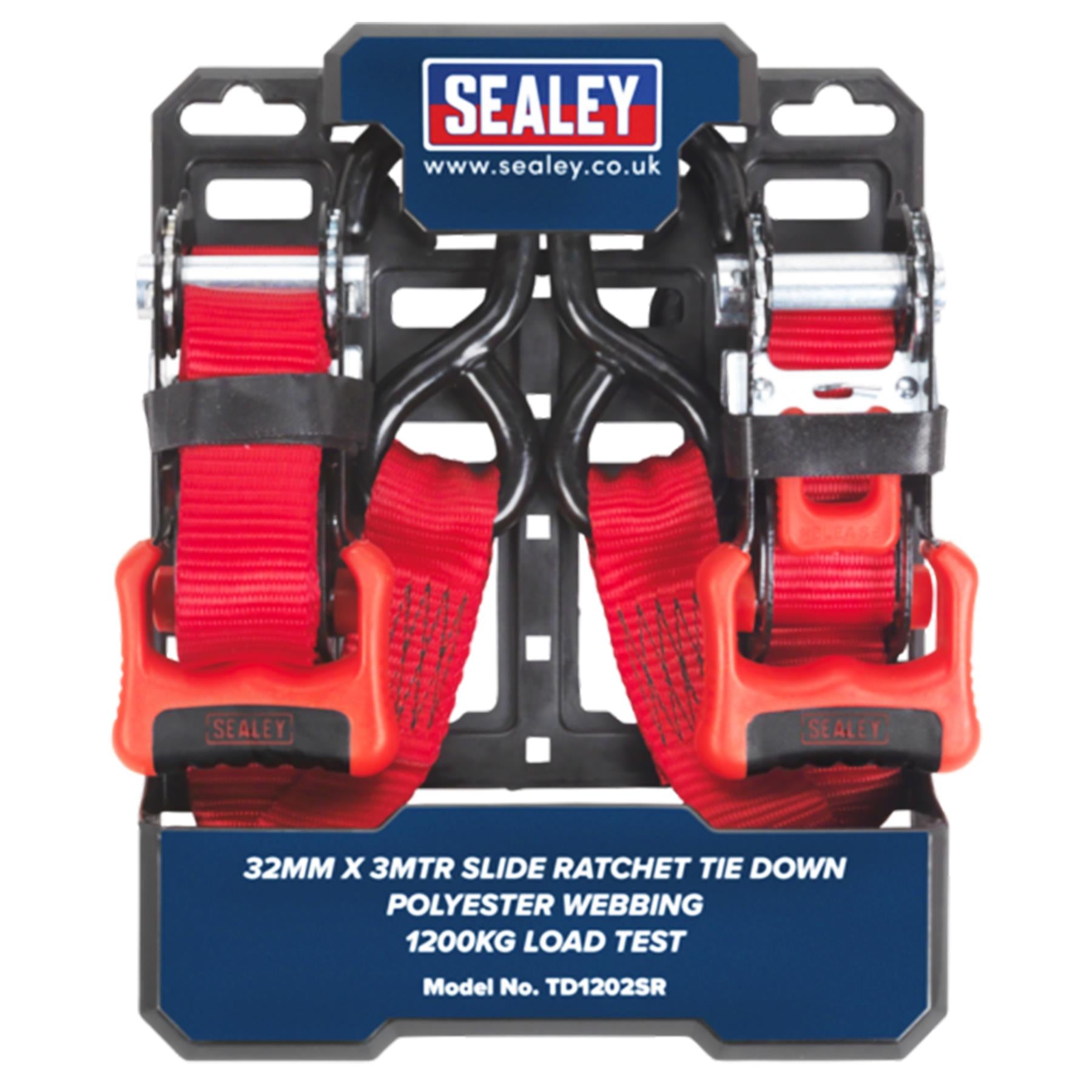 Sealey Slide Ratchet Tie Down 32mm x 3m Polyester Webbing with S-Hooks 1200kg Breaking Strength