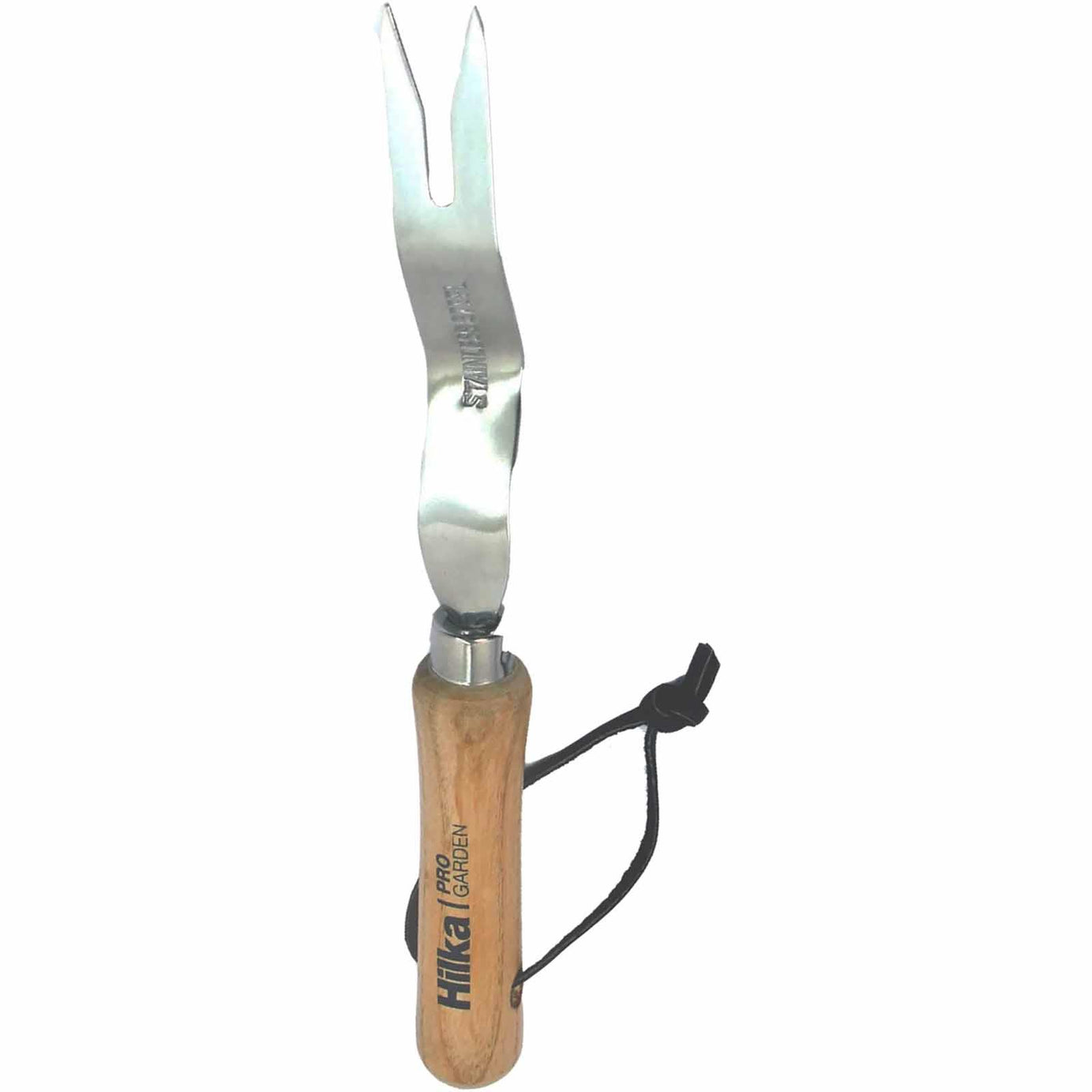 Stainless Steel Hand Weeder with a hardwood handle and leather strap