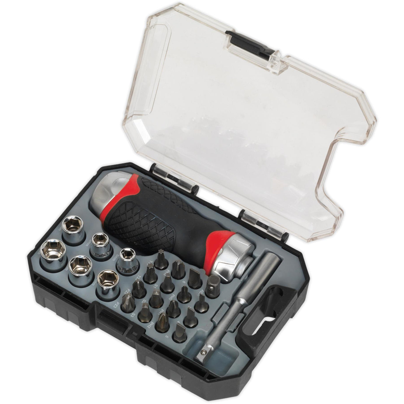 Sealey Fine Tooth Ratchet Screwdriver Socket & Bit Set 24pc Stubby