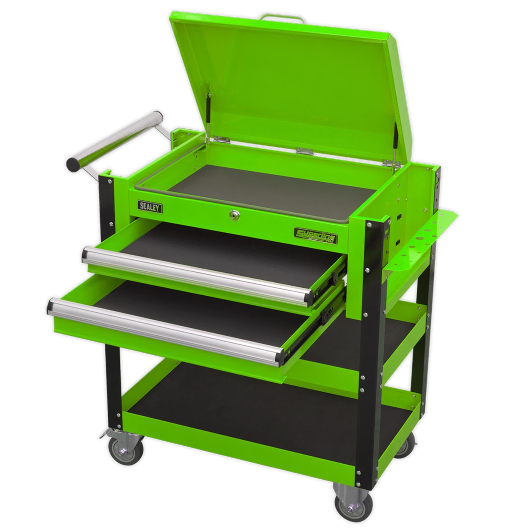 Sealey HD Mobile Tool & Parts Trolley 2 Drawer-Locking Top HV Green