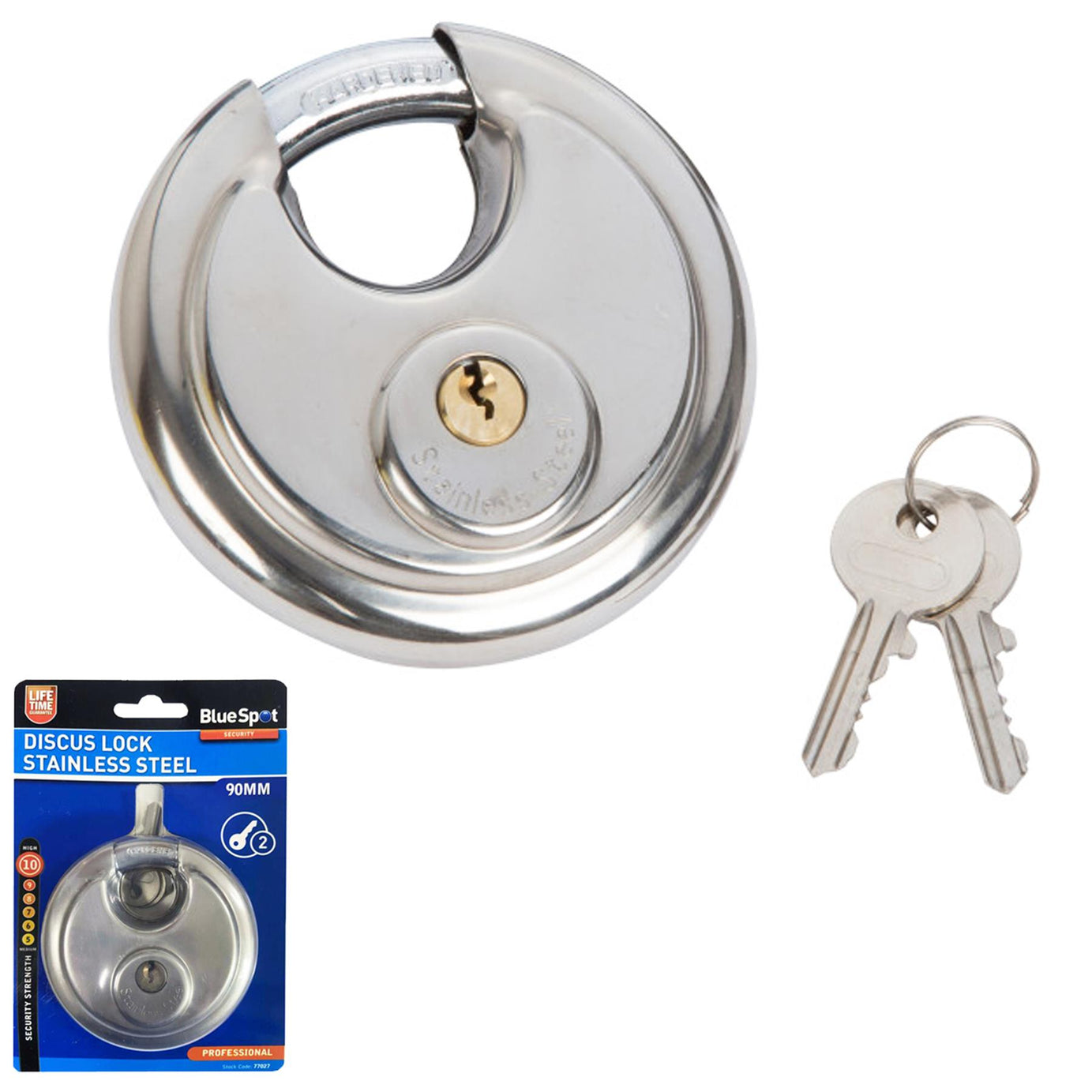 BlueSpot 90mm Disc Padlock Shackle Stainless Steel 2 Keys Waterproof