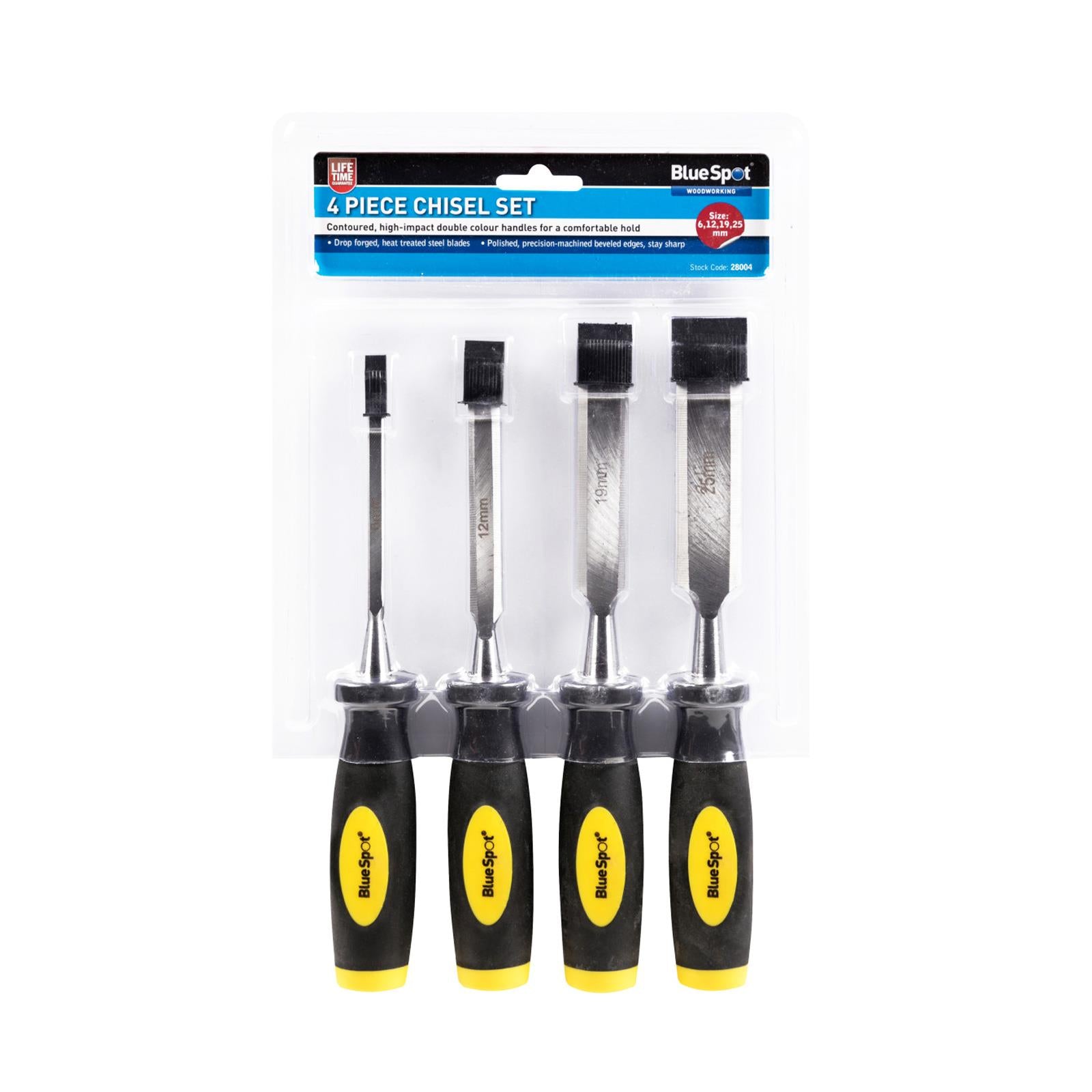 BlueSpot Wood Chisel Set 4 Wood Carving bevel edge Chisels. 25, 19, 13, 6mm