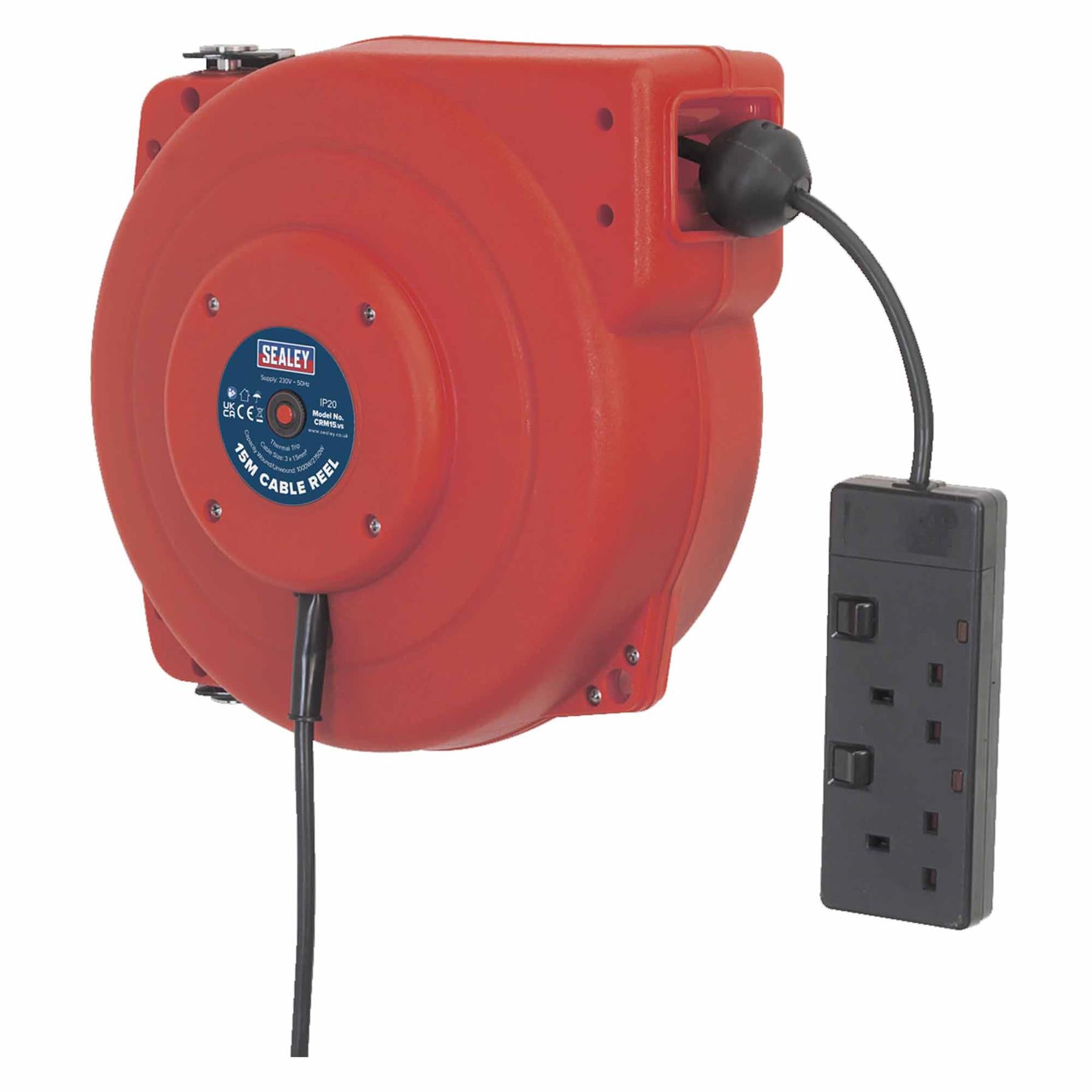 Sealey Cable Reel System Retractable 15m 2 x 230V Socket