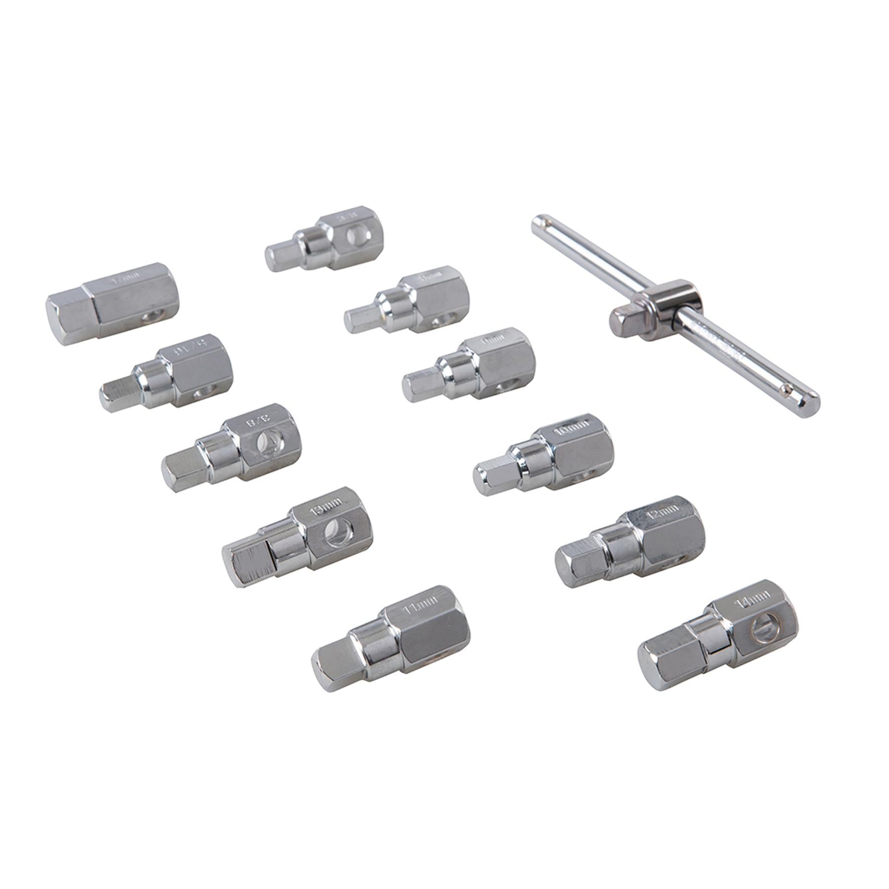 Universal Drain Plug Key Set 12Pc 3/8" / 8 - 17mm Hexagonal And Square Shaped