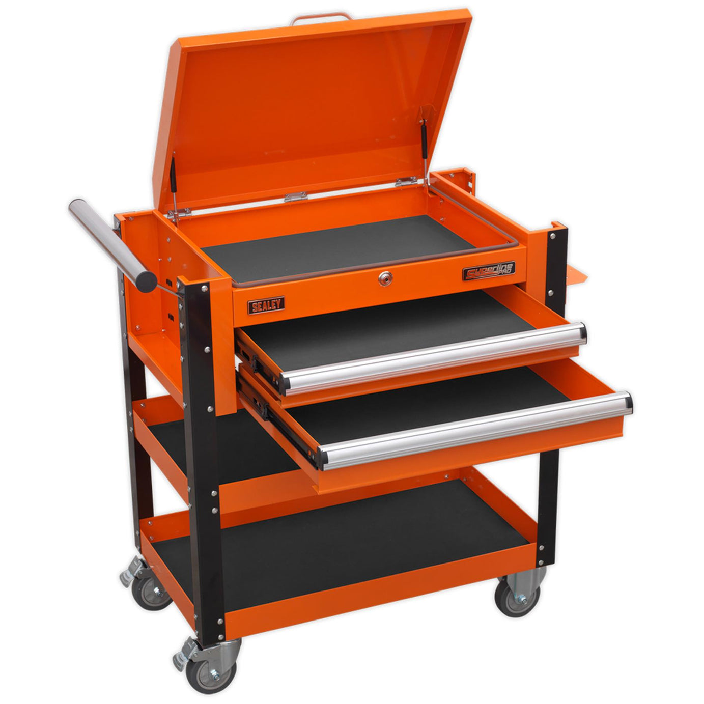 Sealey HD Mobile Tool & Parts Trolley 2 Drawer & Locking Top Orange