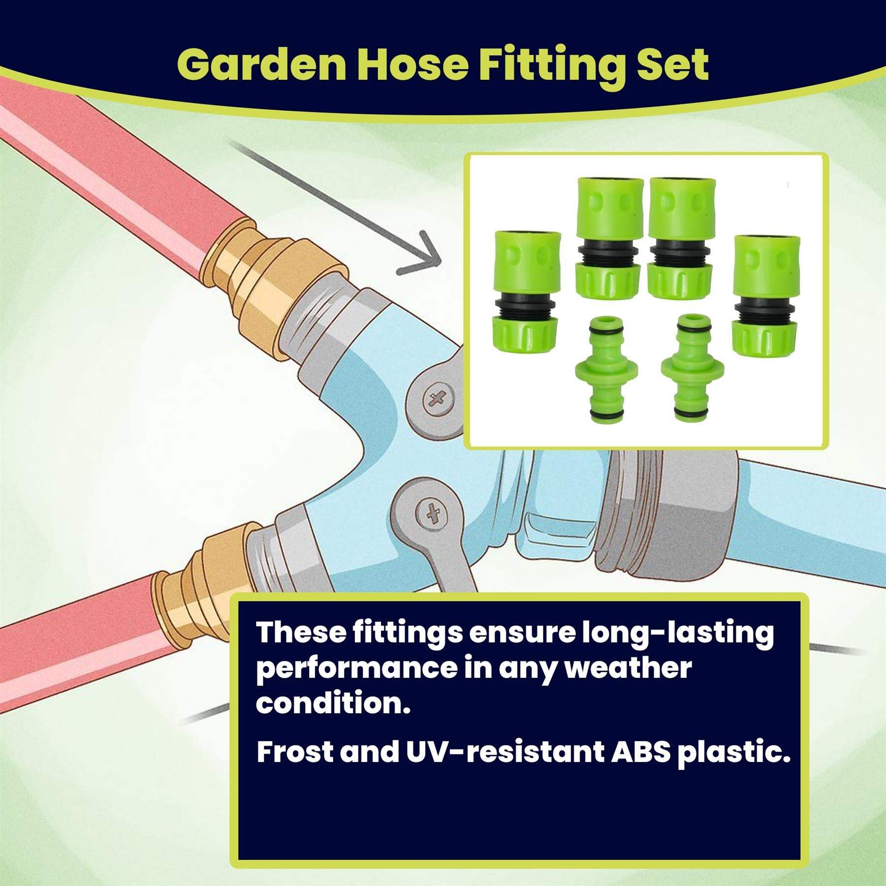 Garden Hose Fitting Set 1/2", 2X 2-Way Male Connector 4X Female Hose Connector
