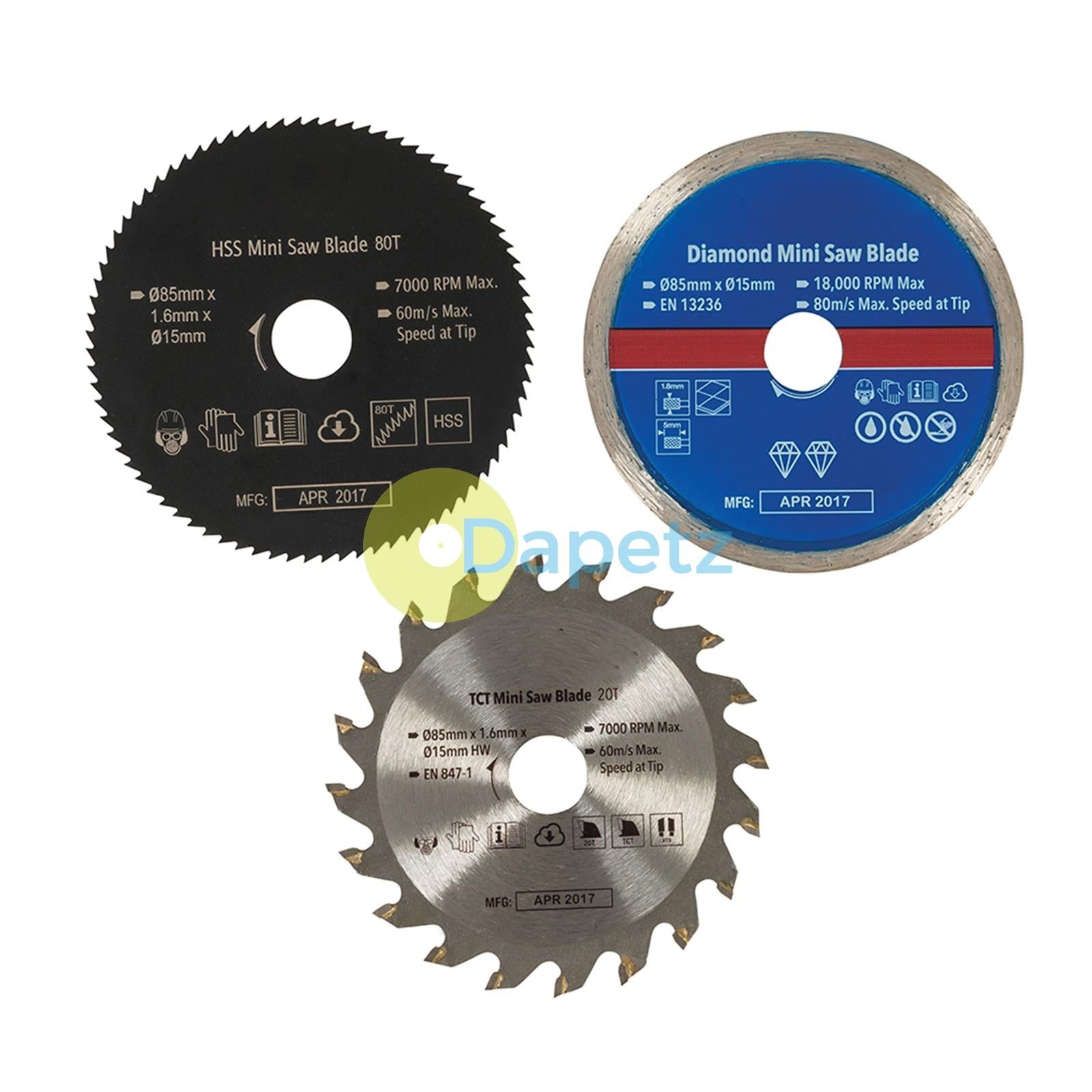 Mini Saw Blade Set Contains TCT Blade, HSS Blade & Continuous Rim Diamond Blade