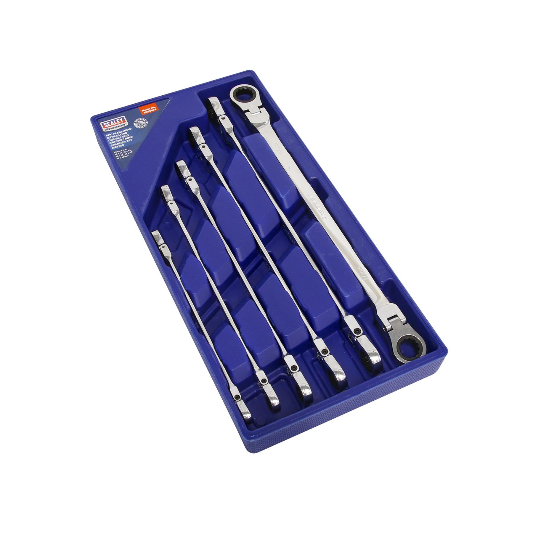 Sealey Flexi-Head Double End Ratchet Ring Spanner Set 6pc Extra-Long Metric