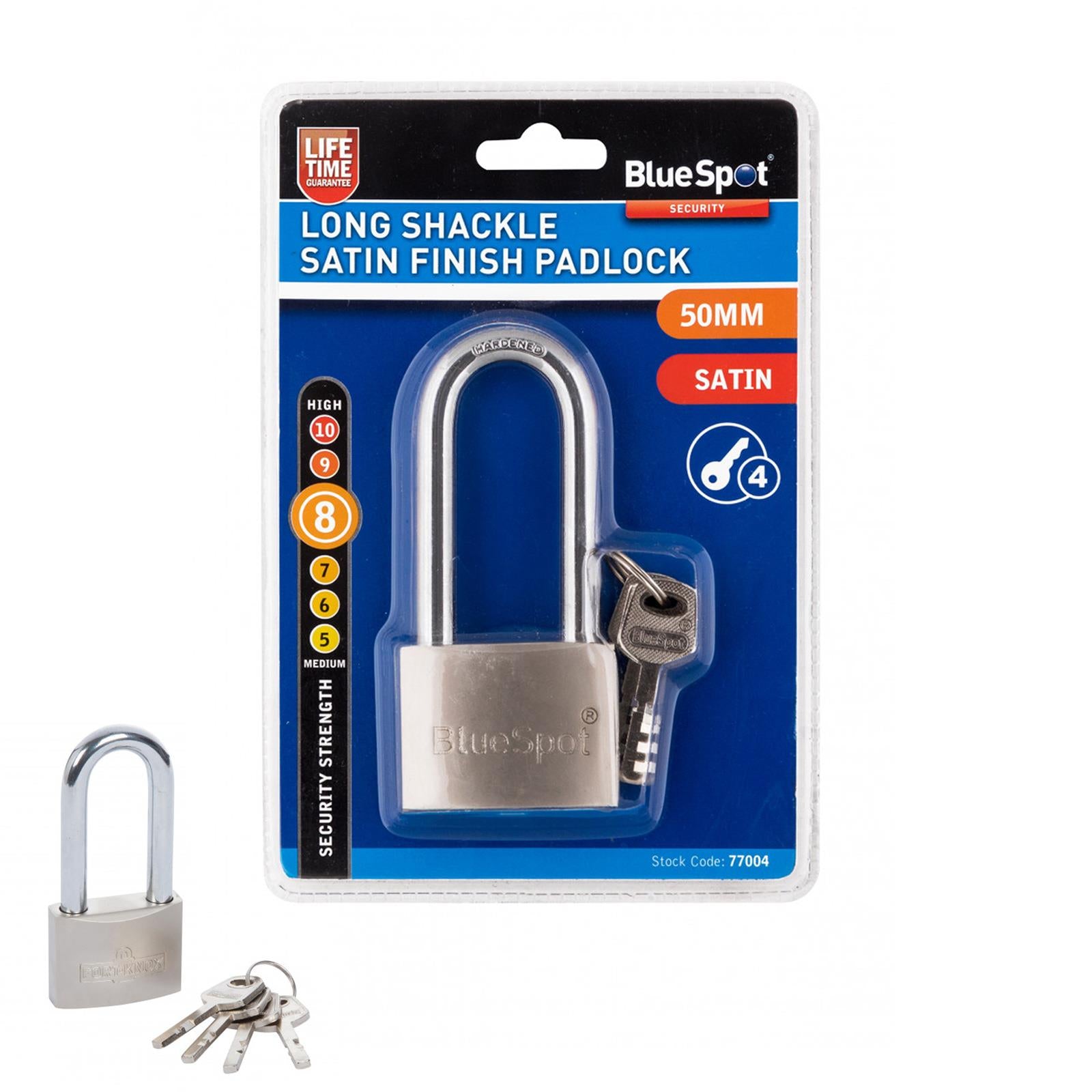 BlueSpot Extra Long Shackle Padlock 50mm Hardened Steel & Solid Brass Cylinder