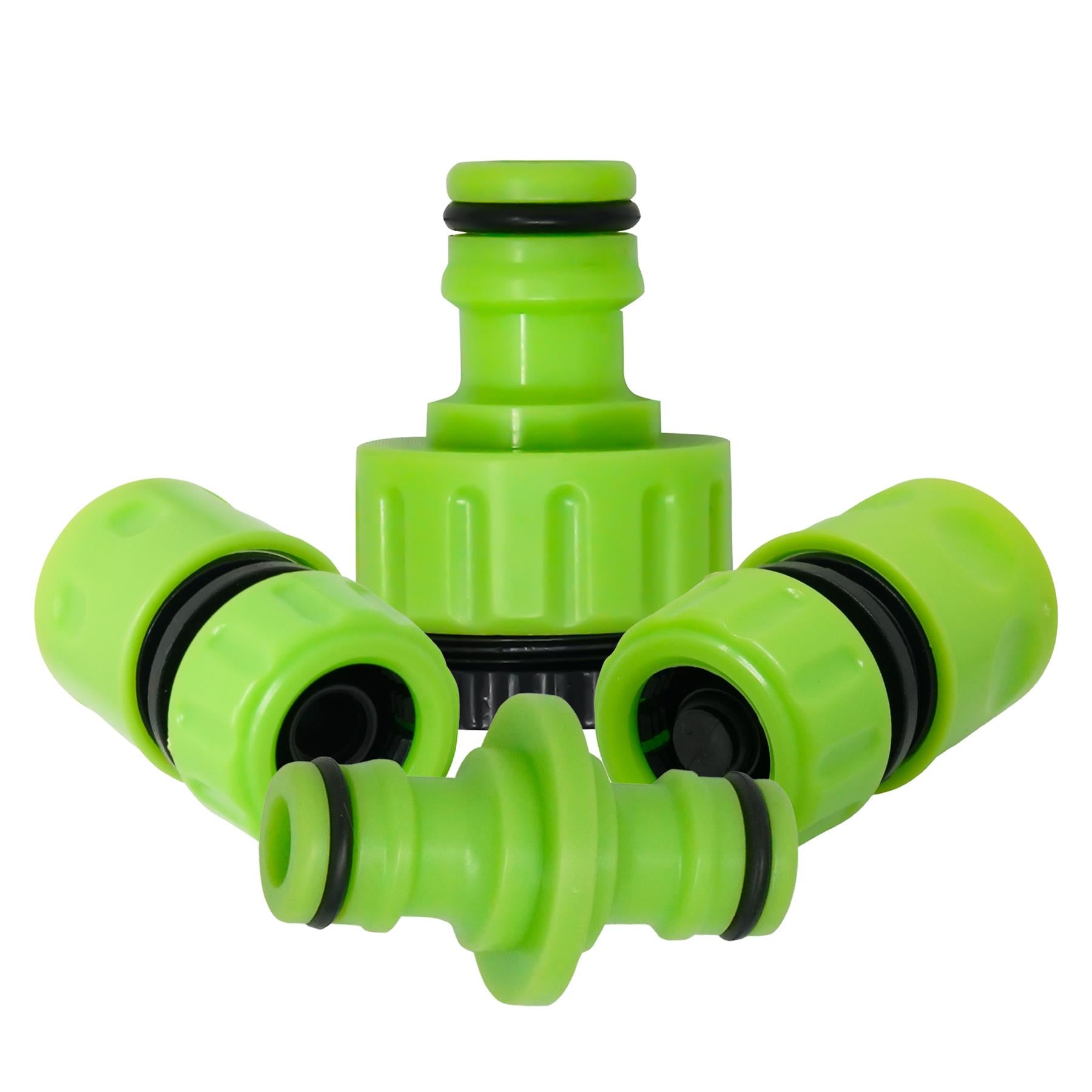 4PC Garden Hose Pipe Fitting Set Adaptor Waterstop 2-Way Connectors 1/2", 3/4"