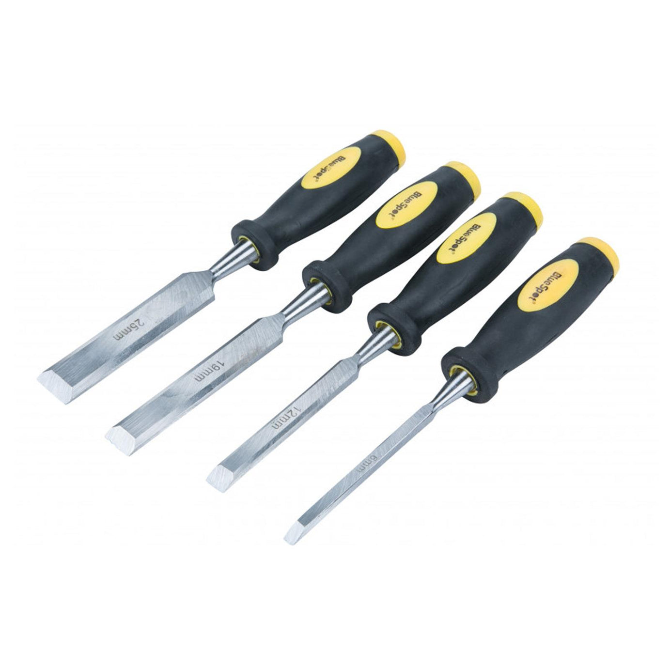 BlueSpot Wood Chisel Set 4 Wood Carving bevel edge Chisels. 25, 19, 13, 6mm