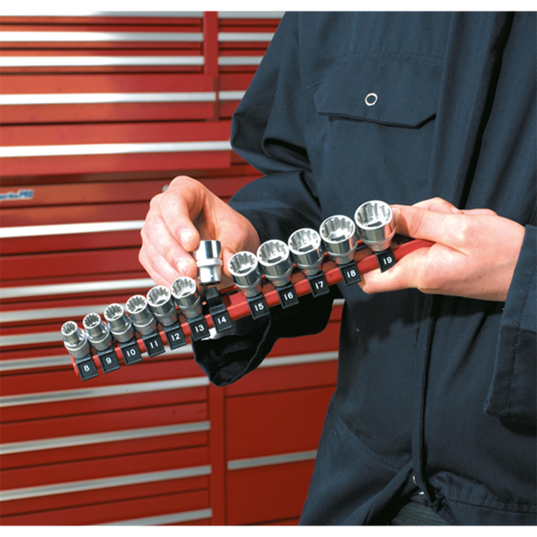 Sealey Socket Retaining Rail With 12 Clips 3/8" Sq Drive 8-19mm - AK3812