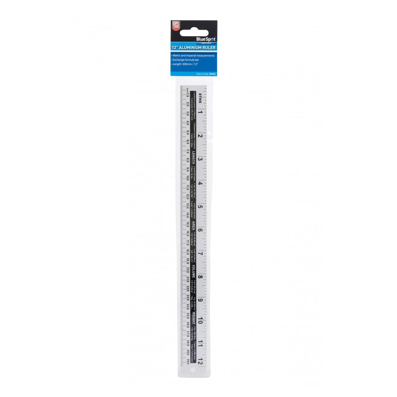 BlueSpot Aluminium Ruler Measure 12" Anodised Aluminium Light & Won't Rust