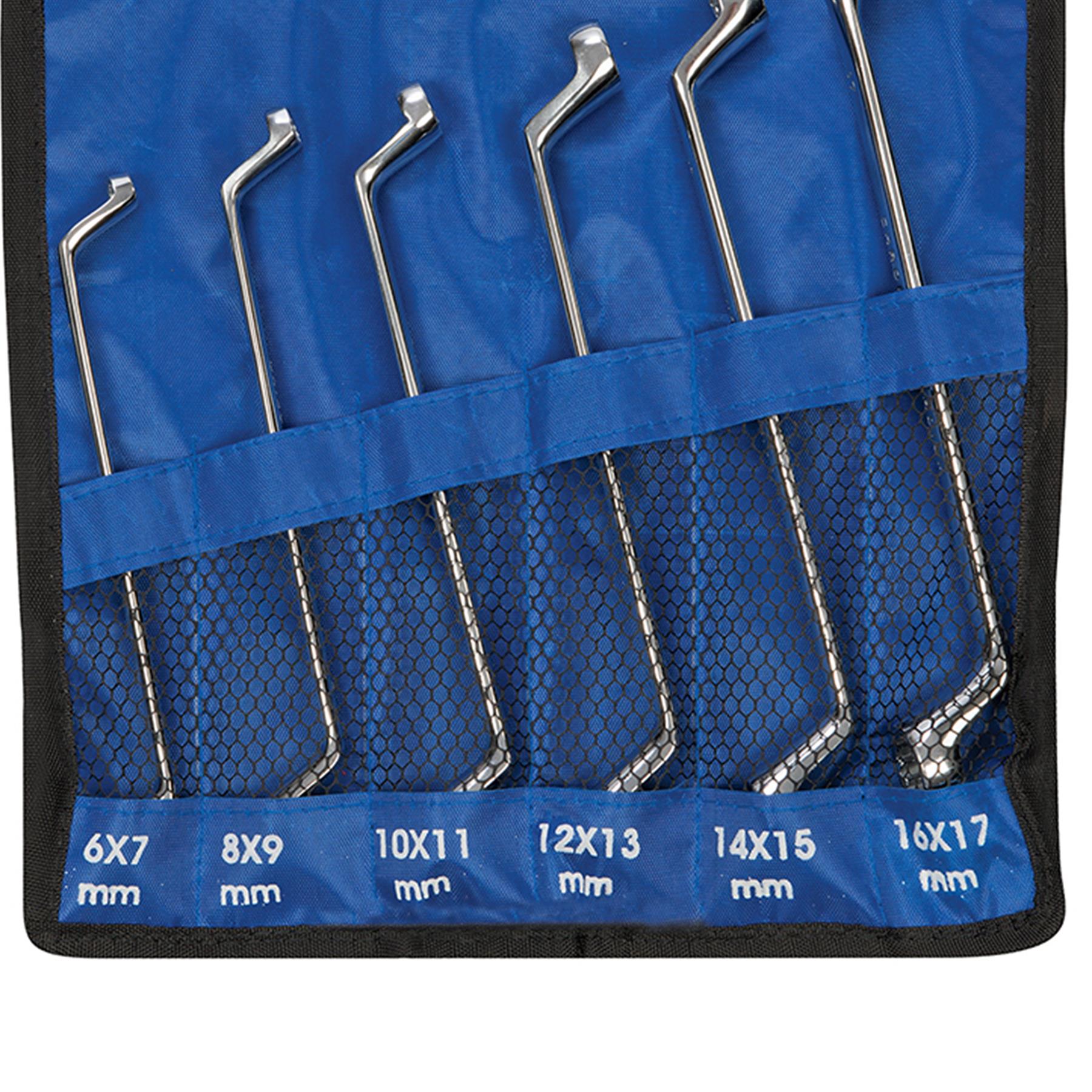 6mm - 17mm Deep Offset Bi-Hex Swan Neck Ring Spanner Metric Polished Crv 6Pc Set