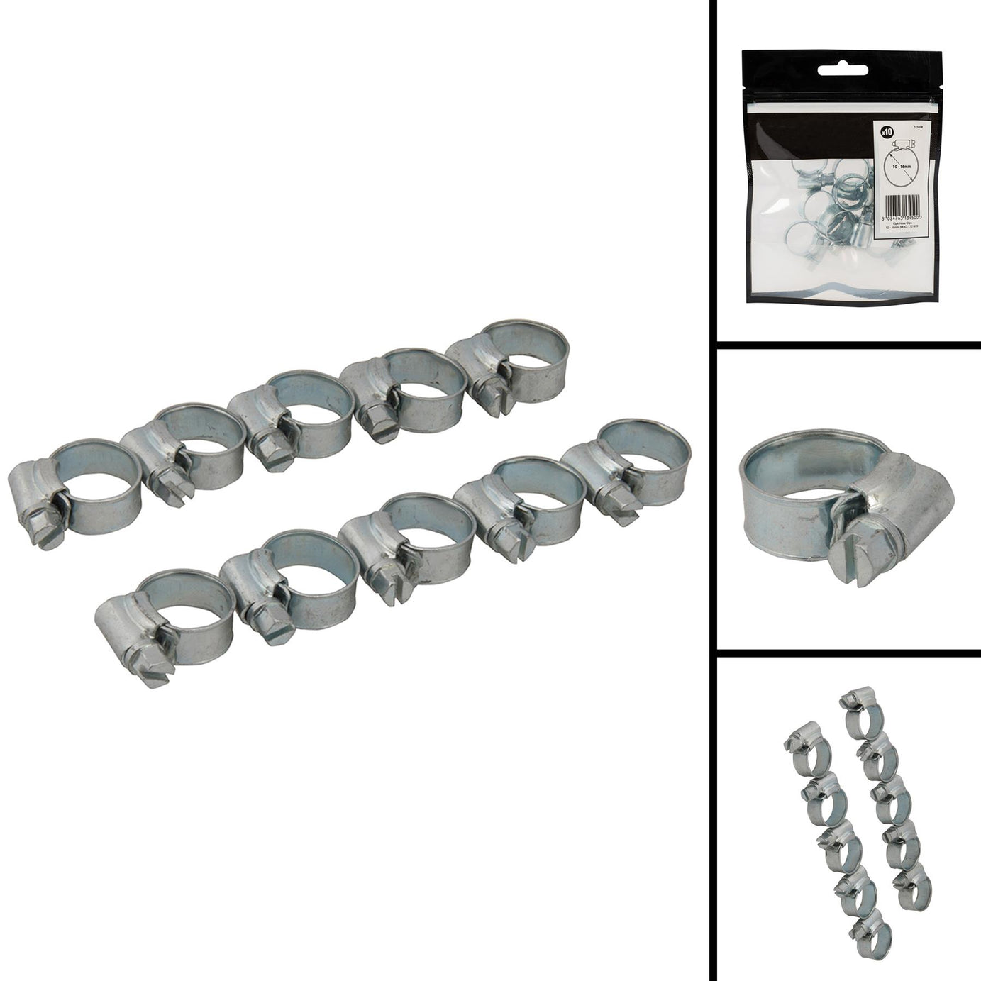 10Pk Hose Clips - 10-16mm (Moo) Zinc-Plated Mild Steel Ideal For Automotive Use