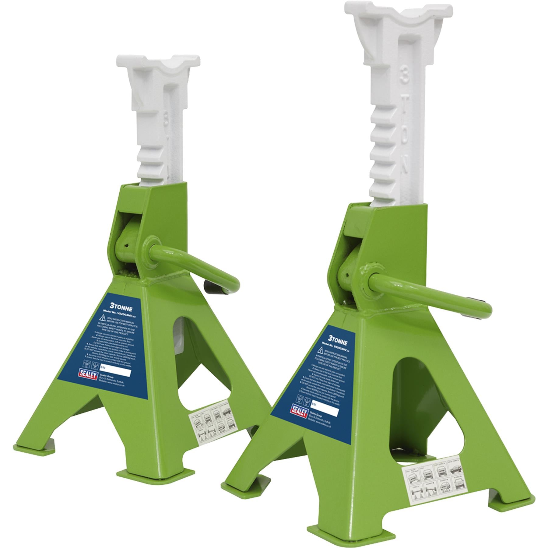 Sealey Axle Stands (Pair) 3tonne Capacity per Stand Ratchet Type - Hi-Vis Green