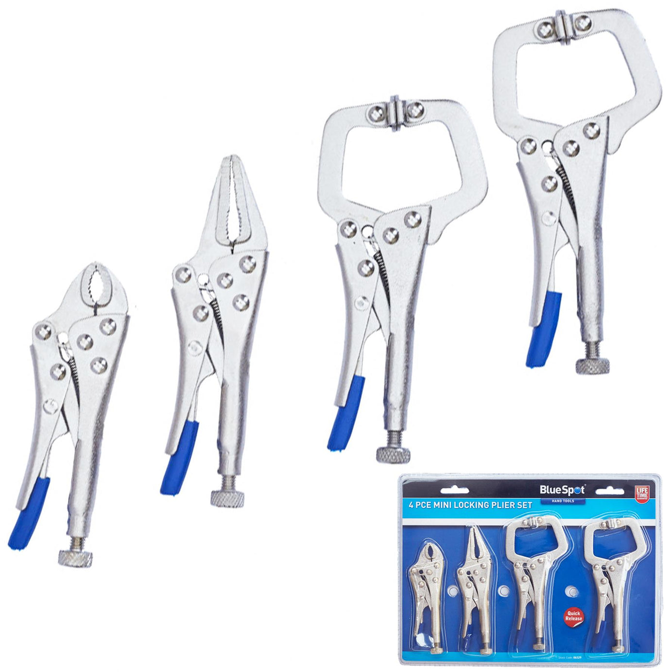 BlueSpot 4 PCE Mini Locking Plier Set Round, Long Nose And C-Clamps PLier