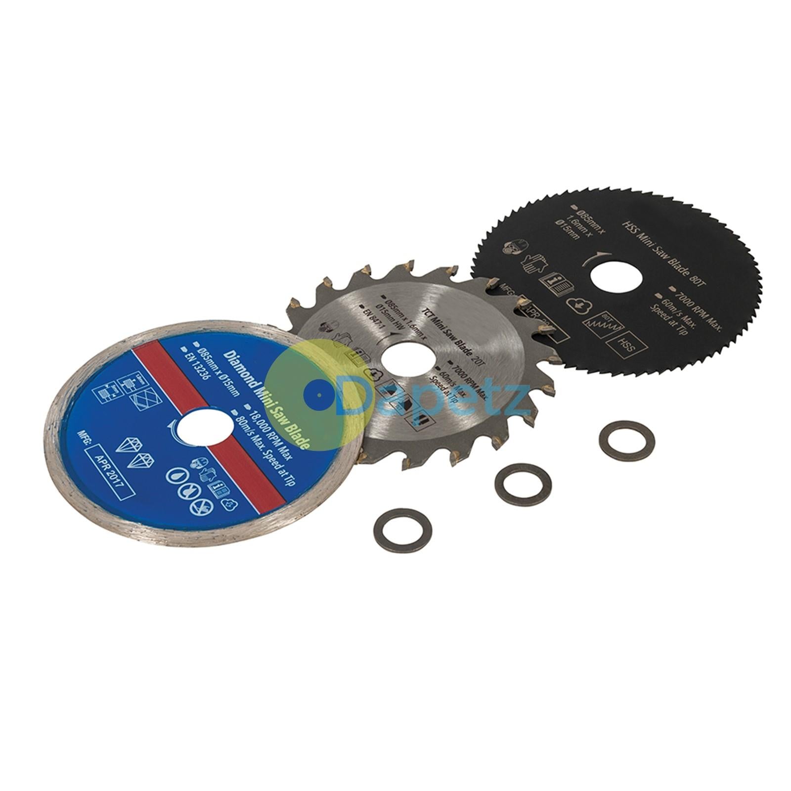 Mini Saw Blade Set Contains TCT Blade, HSS Blade & Continuous Rim Diamond Blade