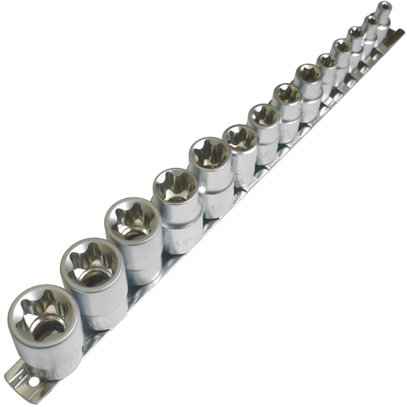Hilka Female TORX Bit STAR E Socket Set on Rail 1/4” 3/8” & 1/2” Drive. 14 TORX