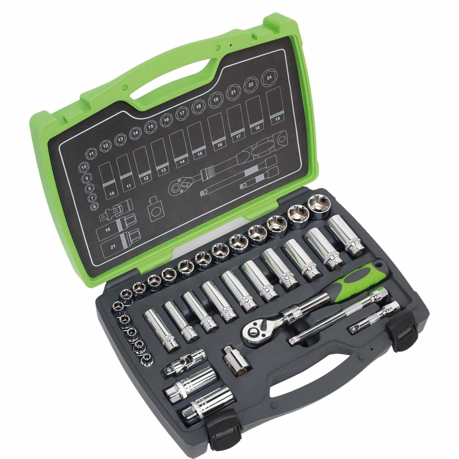 Sealey Socket Set 34pc 3/8"Sq Drive 6pt WallDrive Metric
