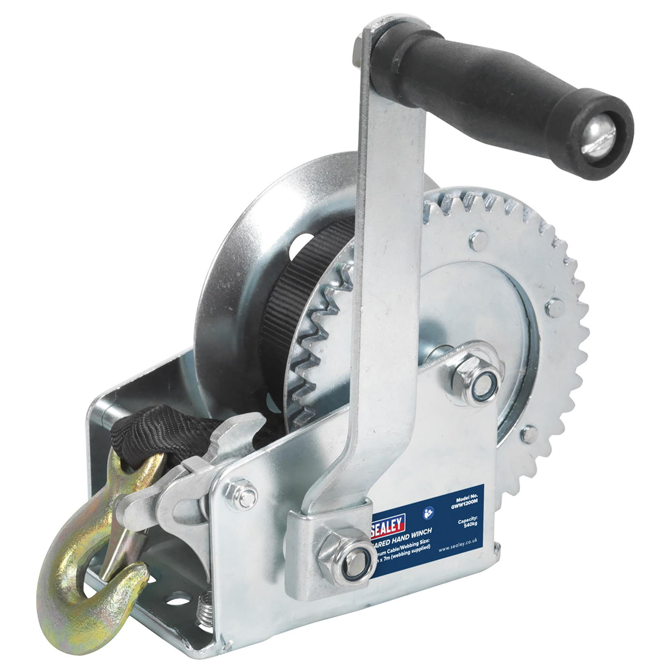 Sealey Geared Hand Winch 540kg Capacity with Webbing Strap