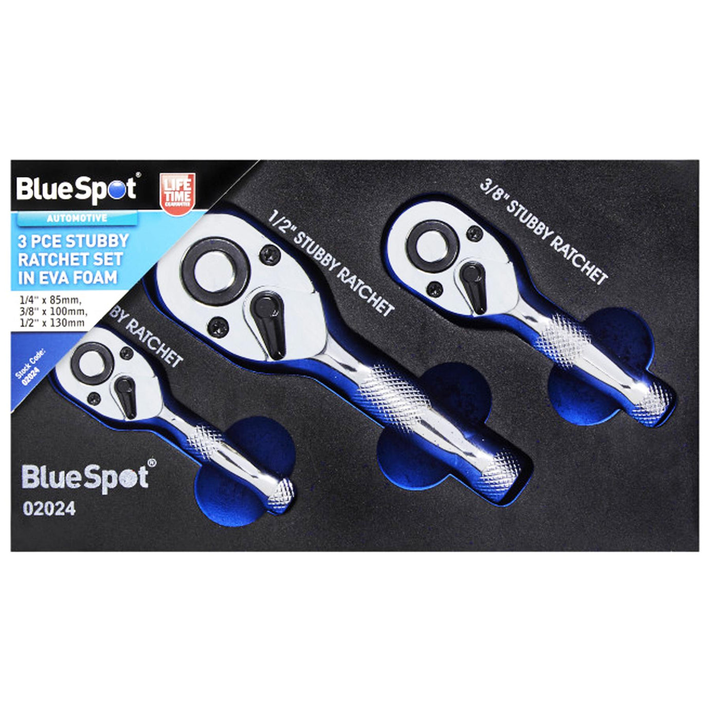 BlueSpot 3pc Stubby Ratchet Handle Set 1/4" 3/8" 1/2" Short Socket Wrenches