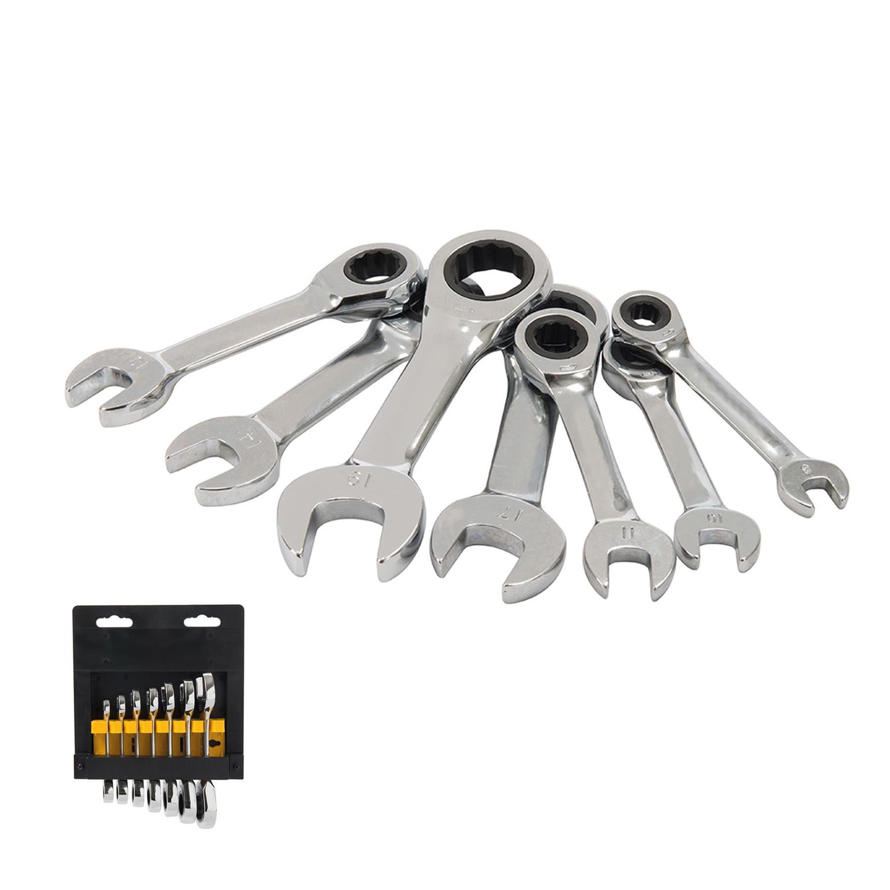 7Pce Stubby Ratchet Spanner Set 8 - 19mm Fully Mirror-Polished Quality