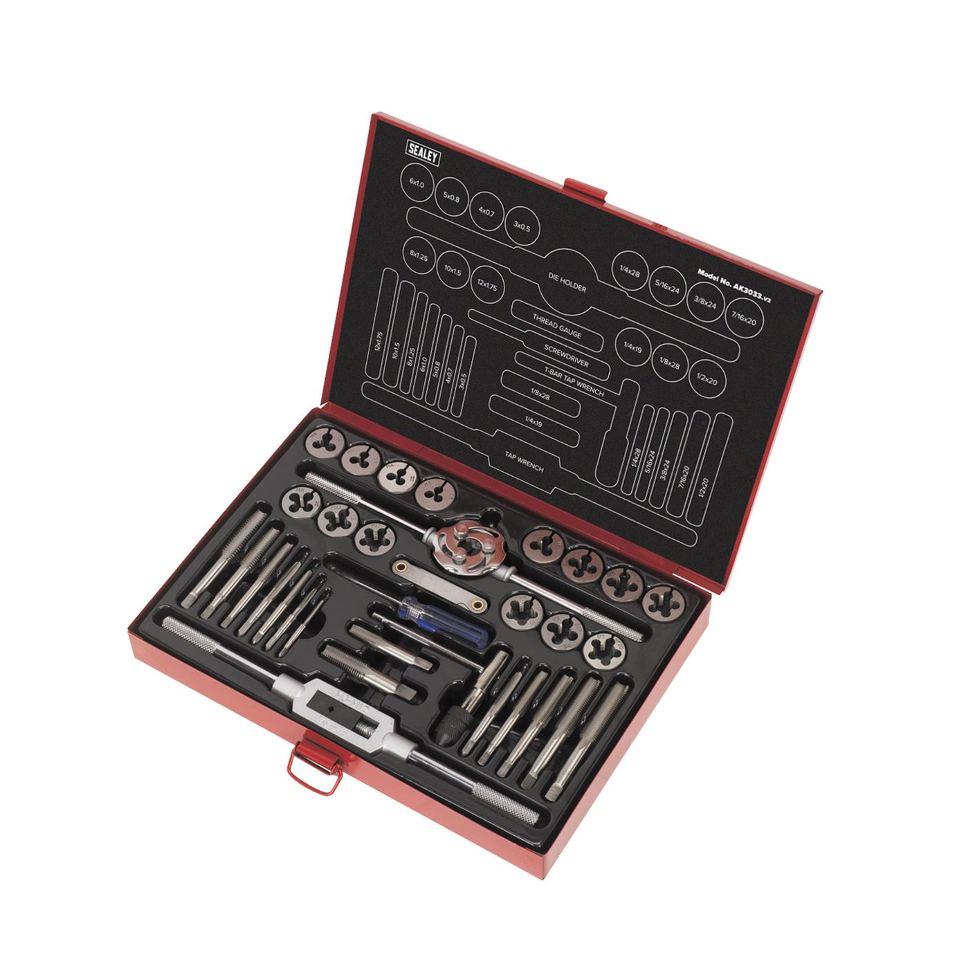 Sealey 33pc Tap and Die Set Split Dies Metric/UNF/BSP Thread Cutting Tool M3-M12