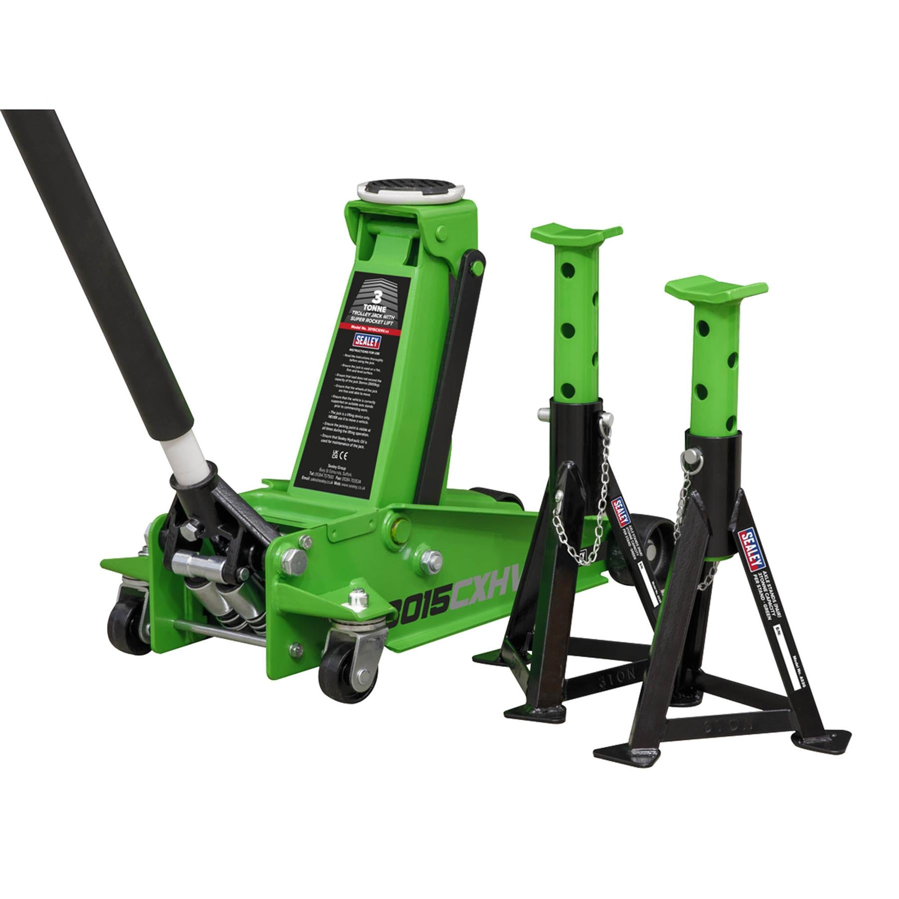 Sealey Trolley Jack 3 Tonne with Super Rocket Lift & Axle Stands (Pair) 3 Tonne Capacity per Stand-Hi-Vis