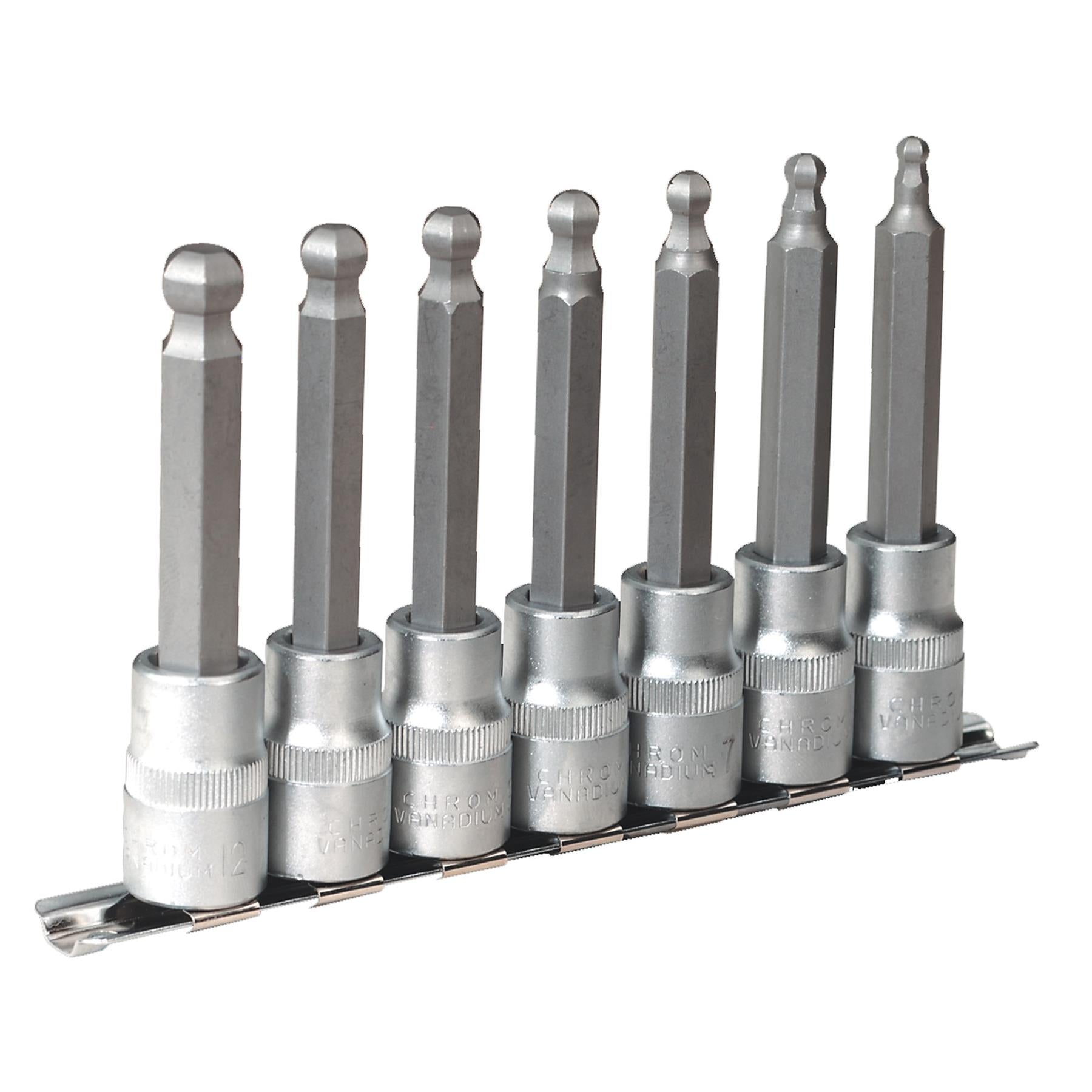 Sealey Ball-End HexSocket Bit Set 7pc 100mm 1/2"Sq Drive Metric