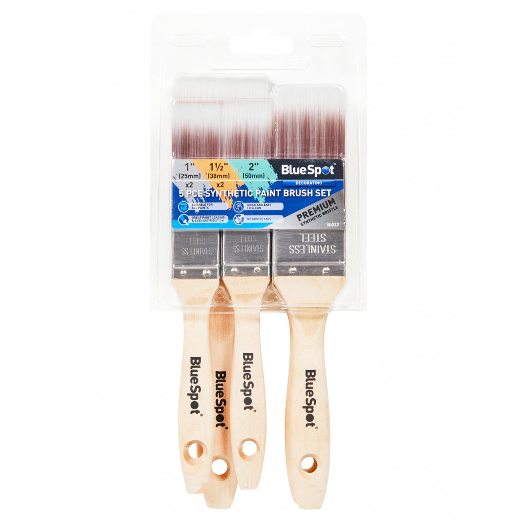 BlueSpot 5pce Pure Synthetic Bristle Paint Brush Set 2x1". 2x1 ½". 1x2"
