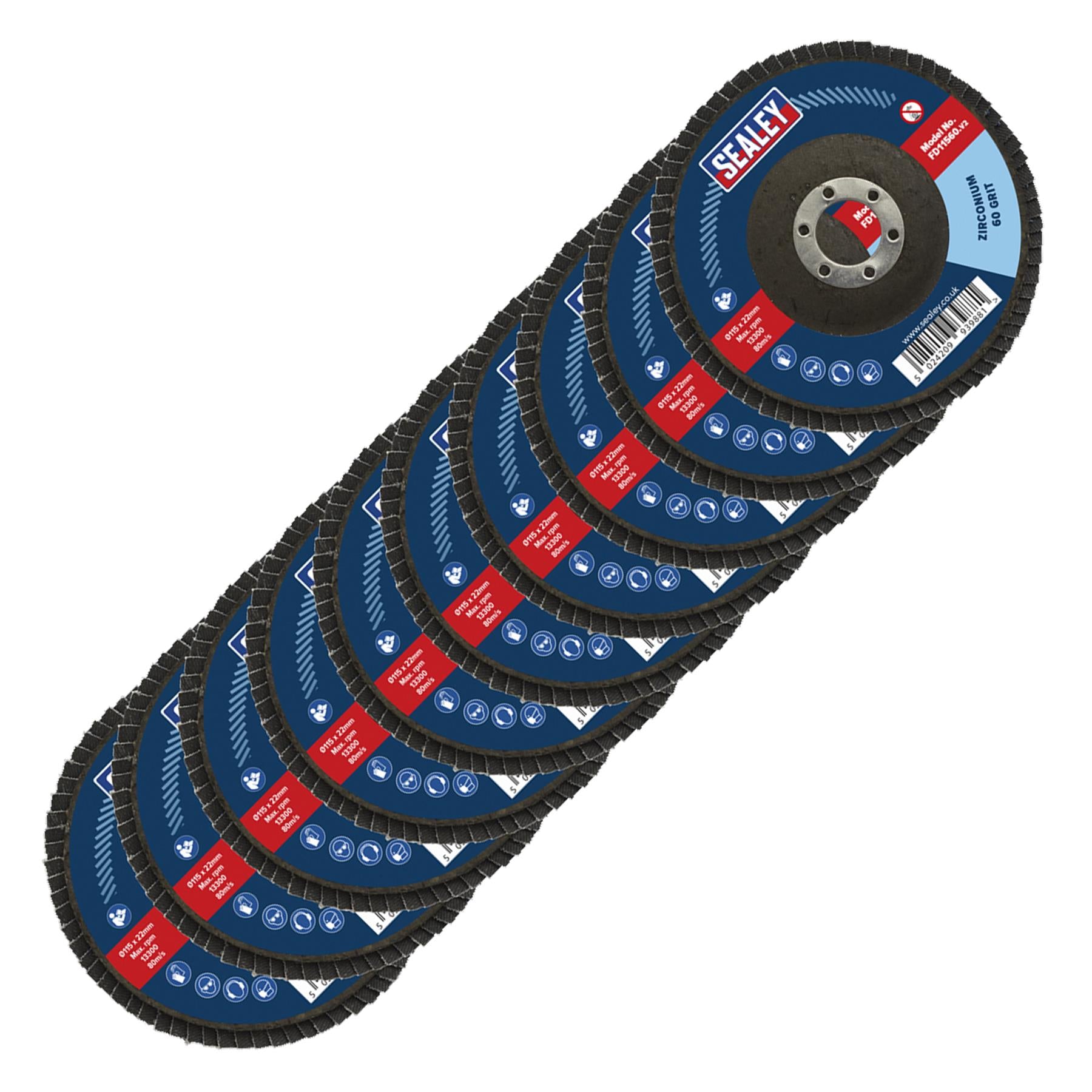 Sealey Assorted Grit Flap Discs Zirconium �115mm �22mm Bore - Pk 10