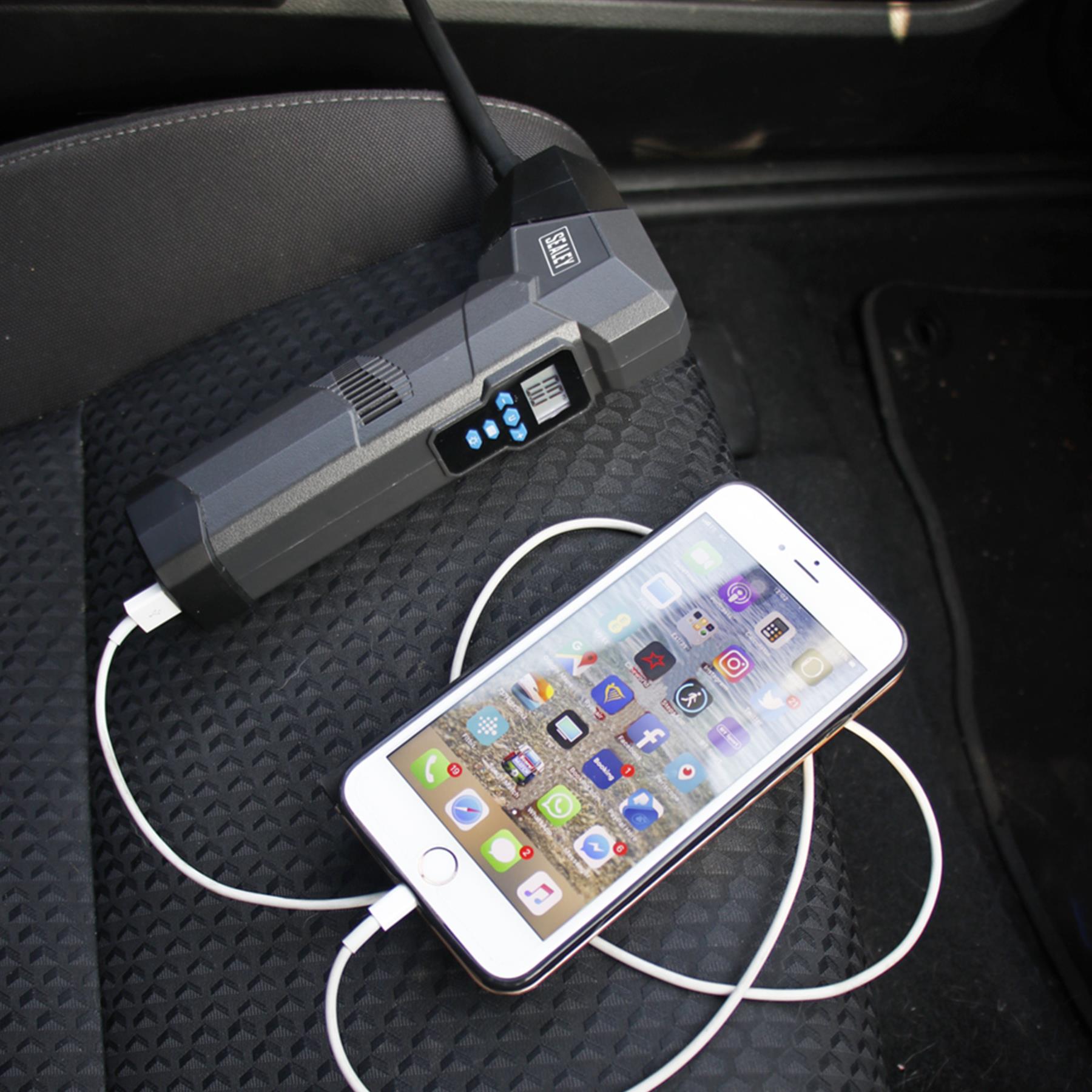 Sealey Compact R/Charge Tyre Inflator & Power Bank with Work Light
