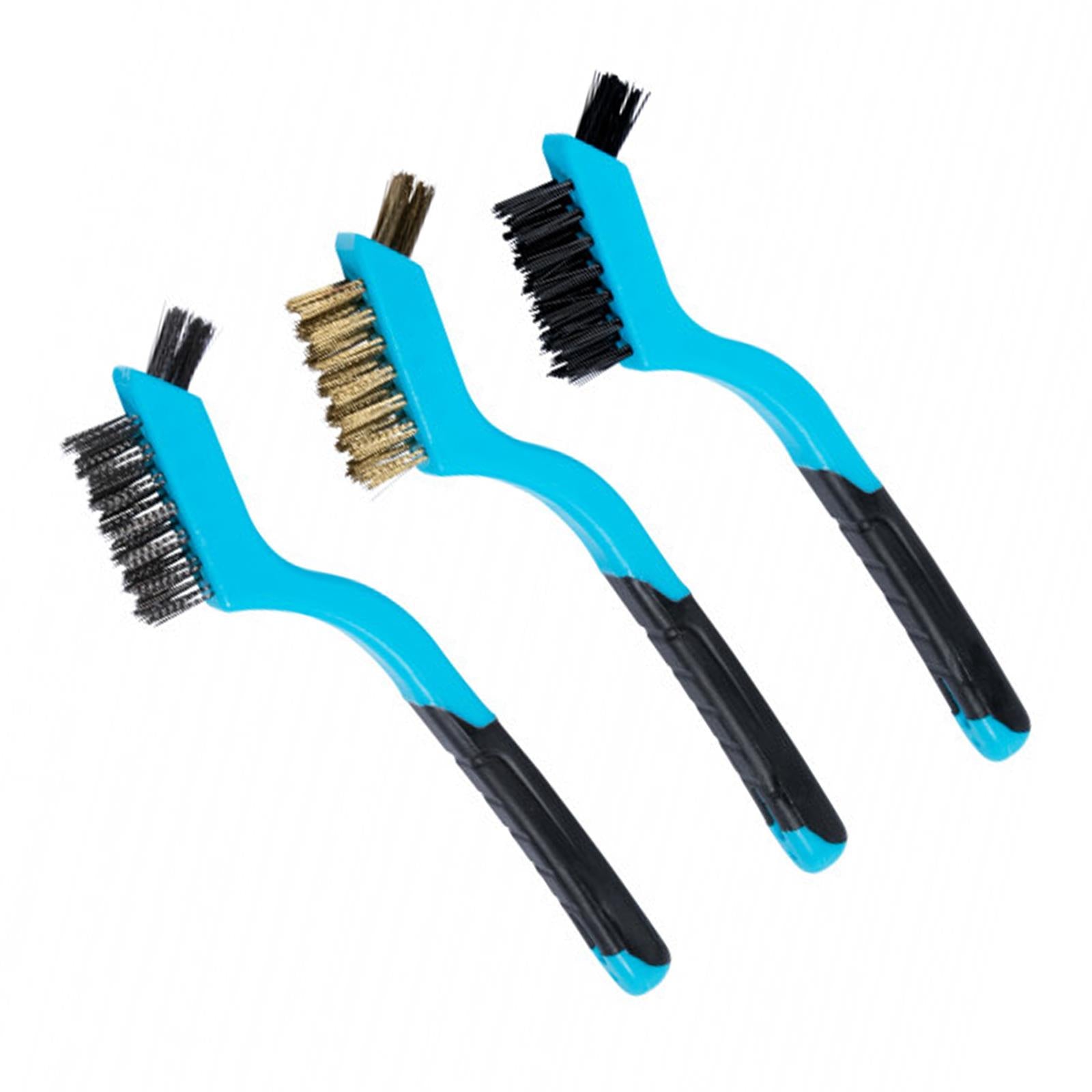 BlueSpot 3pc Soft Grip Mini Wire Brush With Small Tip Bristle Nylon Brass Steel