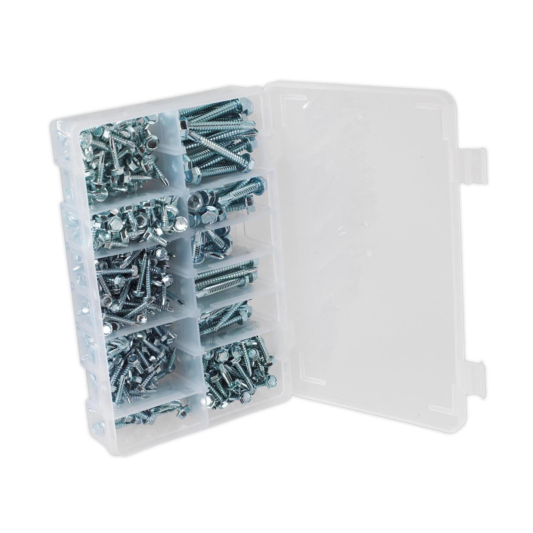 Sealey Self Drilling Screw Assortment 410pc Hex Head ZincSealey 410pcs Zinc Plated Steel Self Drilling Screw Assortment Set Hex Head