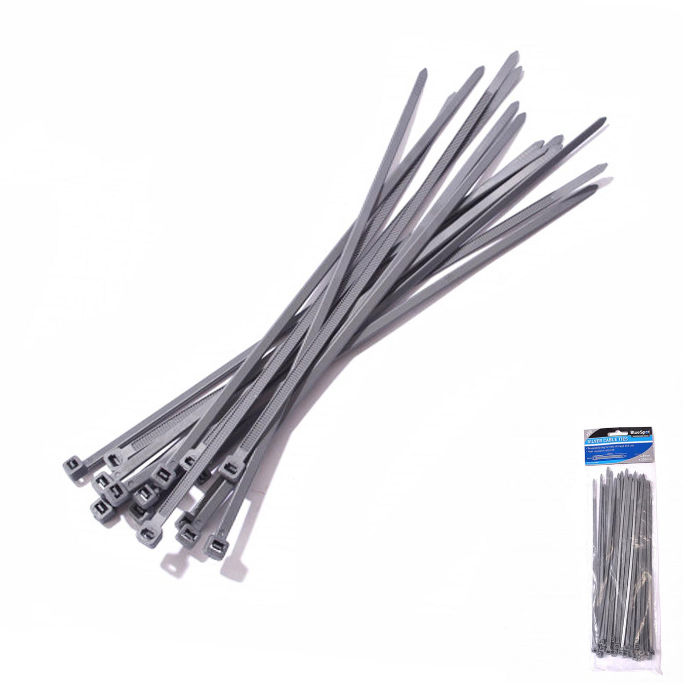 BlueSpot Cable Zip Ties 50pce Silver Nylon Wraps High Quality Strong 4.8mm X 250mm