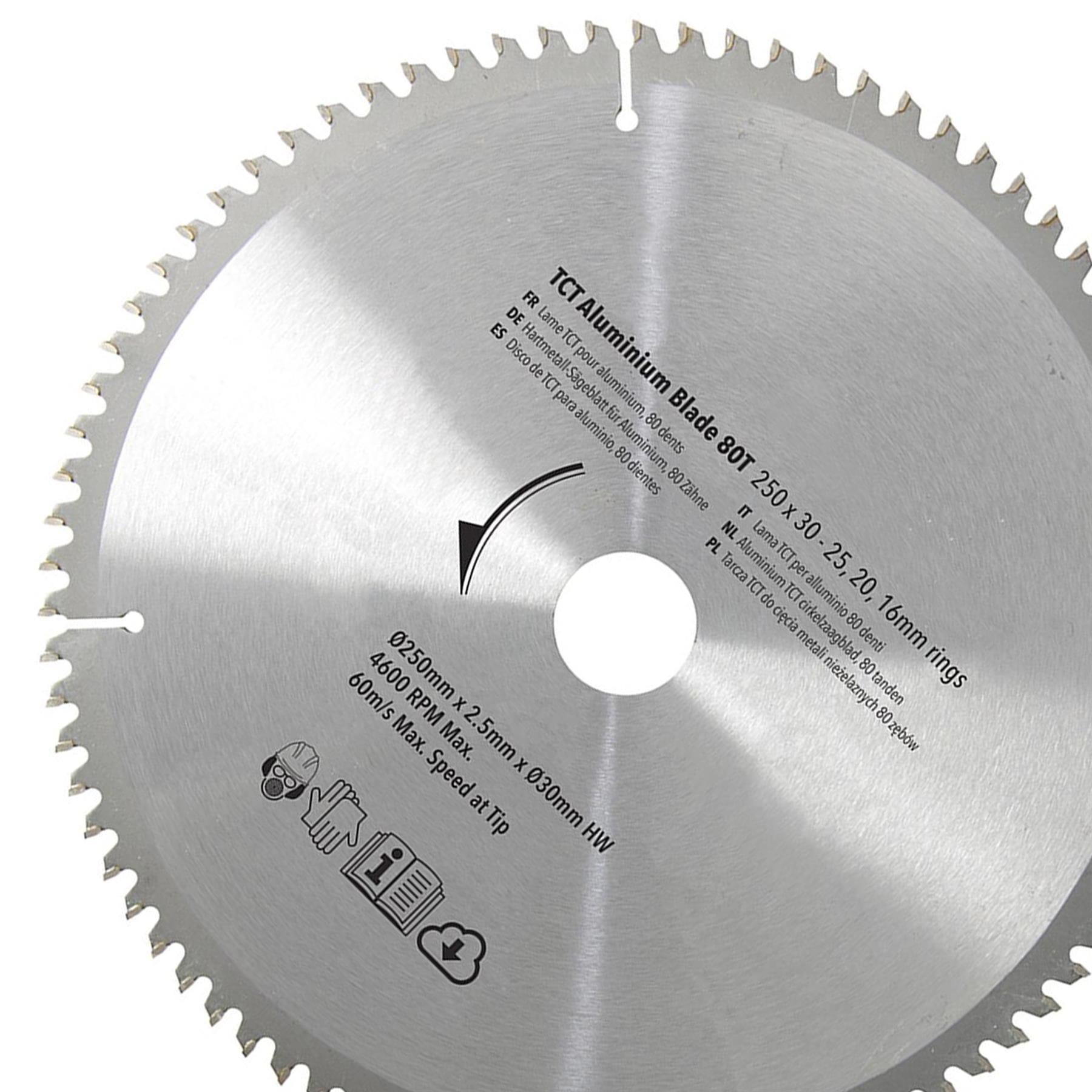 250mm 80T Aluminium Circular Saw Blade 30mm Bore 25mm 20mm 16mm Rings Mitre 10"