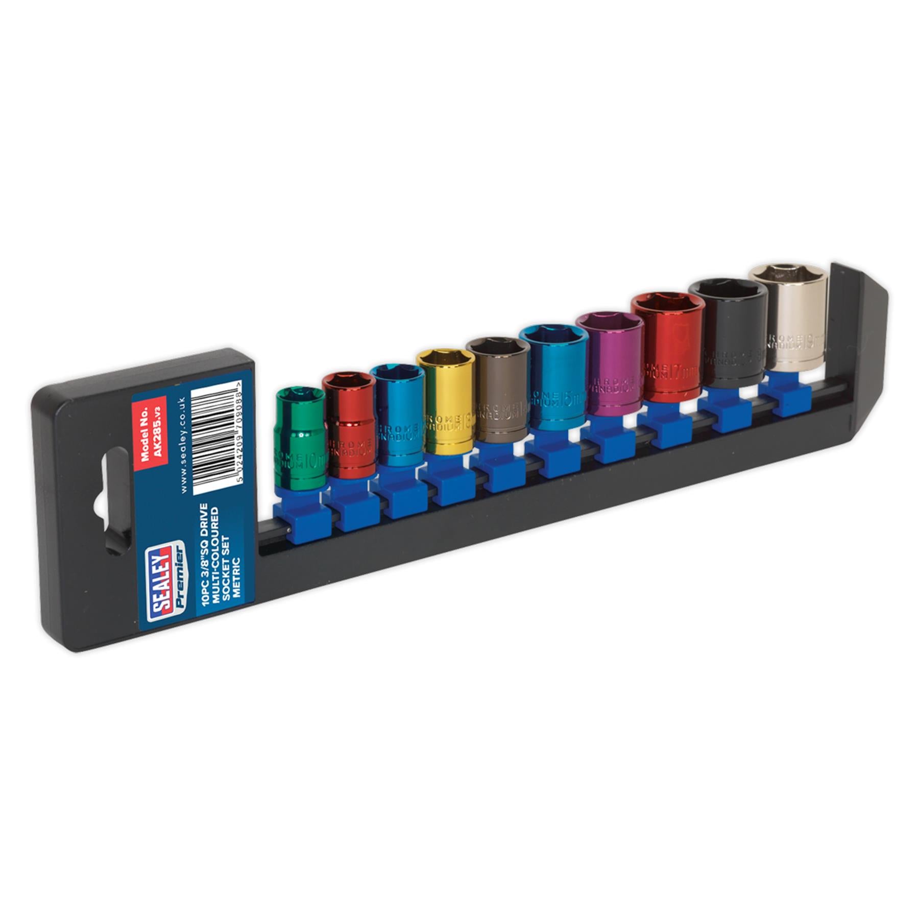 Sealey 10pc Multi Coloured Metric Socket Set 10mm - 19mm 6pt Set 3/8" Sq Drive
