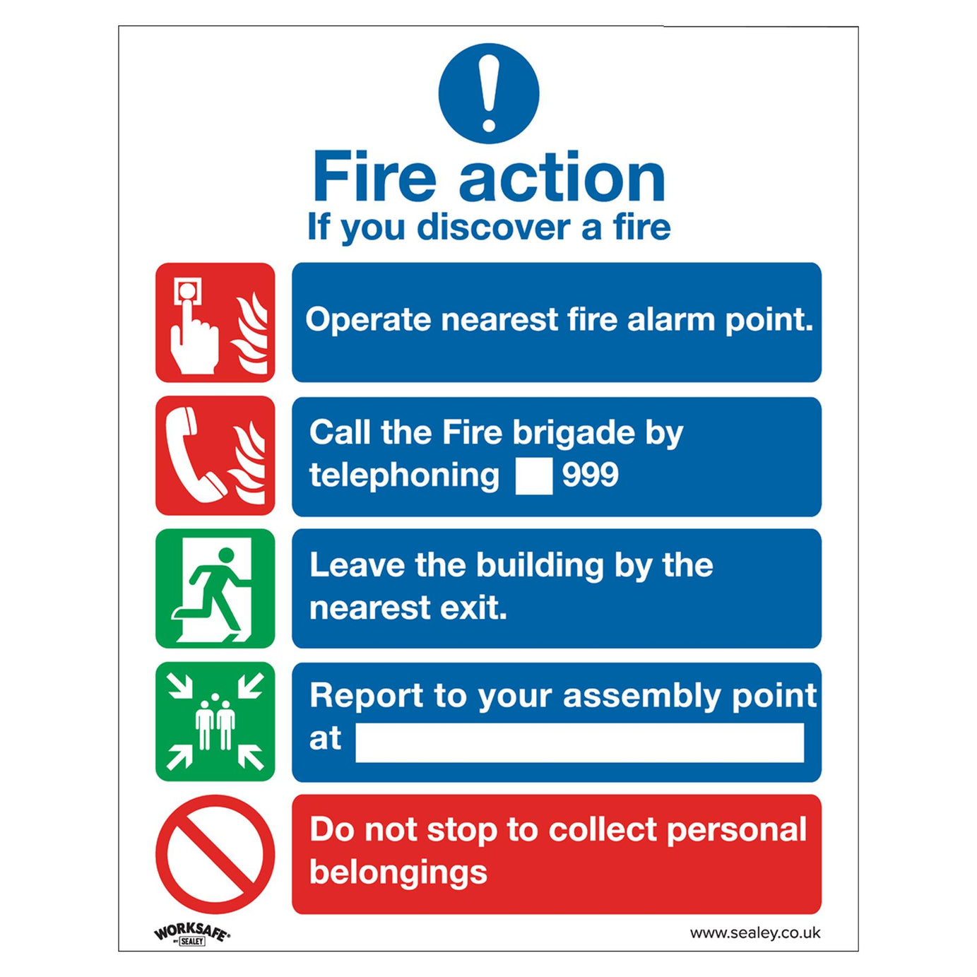 Sealey Safety Sign - Fire Action Without Lift - Plastic - Pk of 10