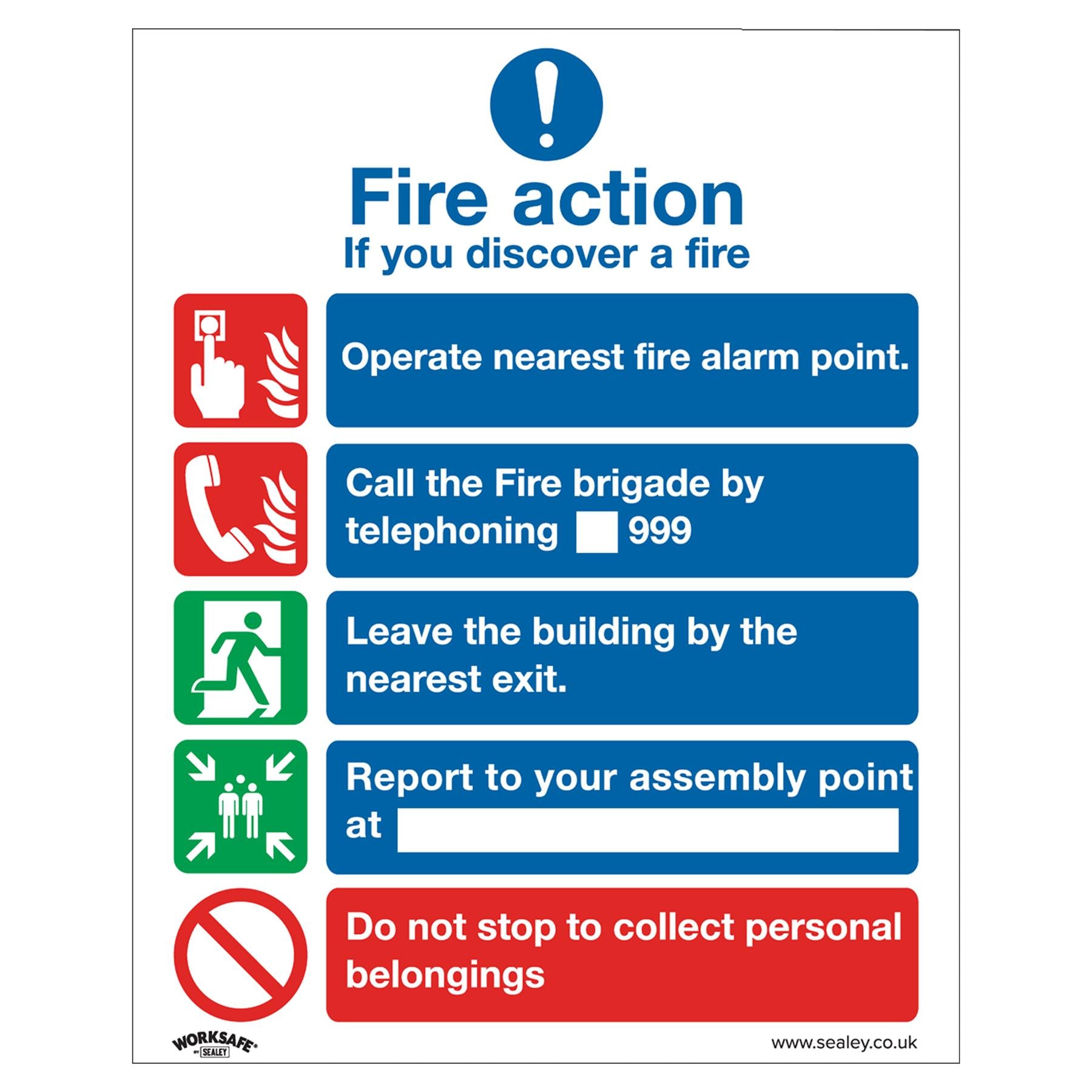Sealey Safety Sign - Fire Action Without Lift - Plastic - Pk of 10