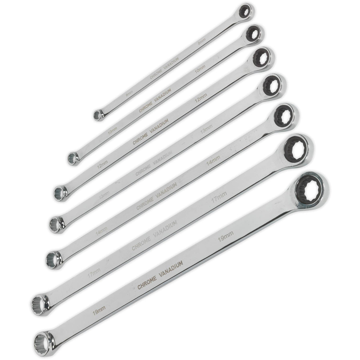 Sealey Double Ring Ratchet/Fixed Spanner Set 7pc Extra-Long Metric