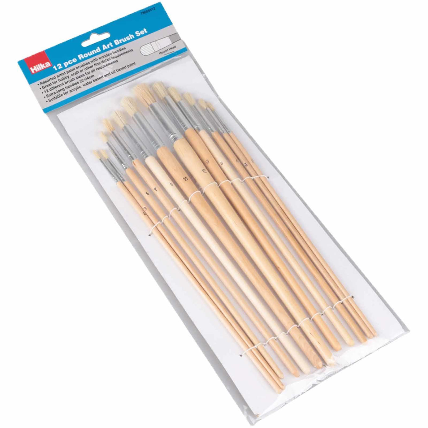 12 Pce Round Artist Paint Brushes Set Extra-long Handles 22-24cm Suitable For Acrylic, Water Based And Oil Based Paint