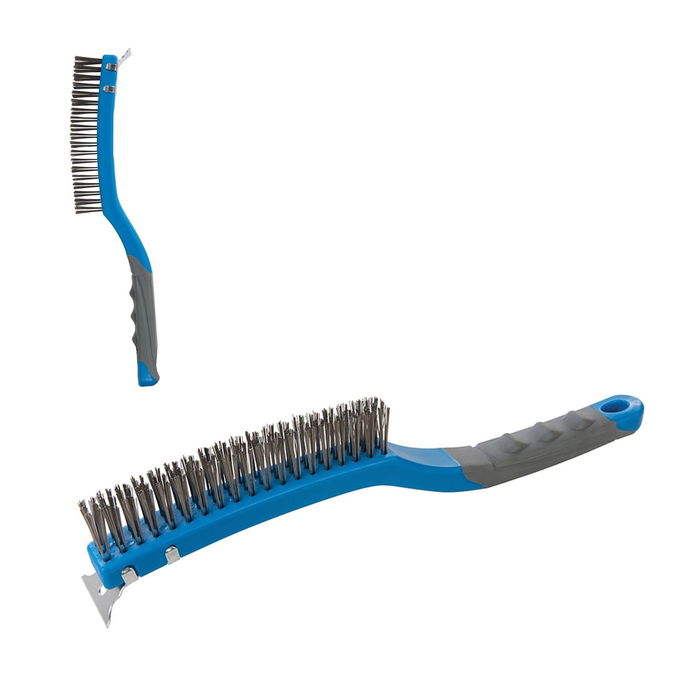 Stainless Steel Wire Brush With Scraper - 3 Row Soft-Grip Rubber Grip Handle