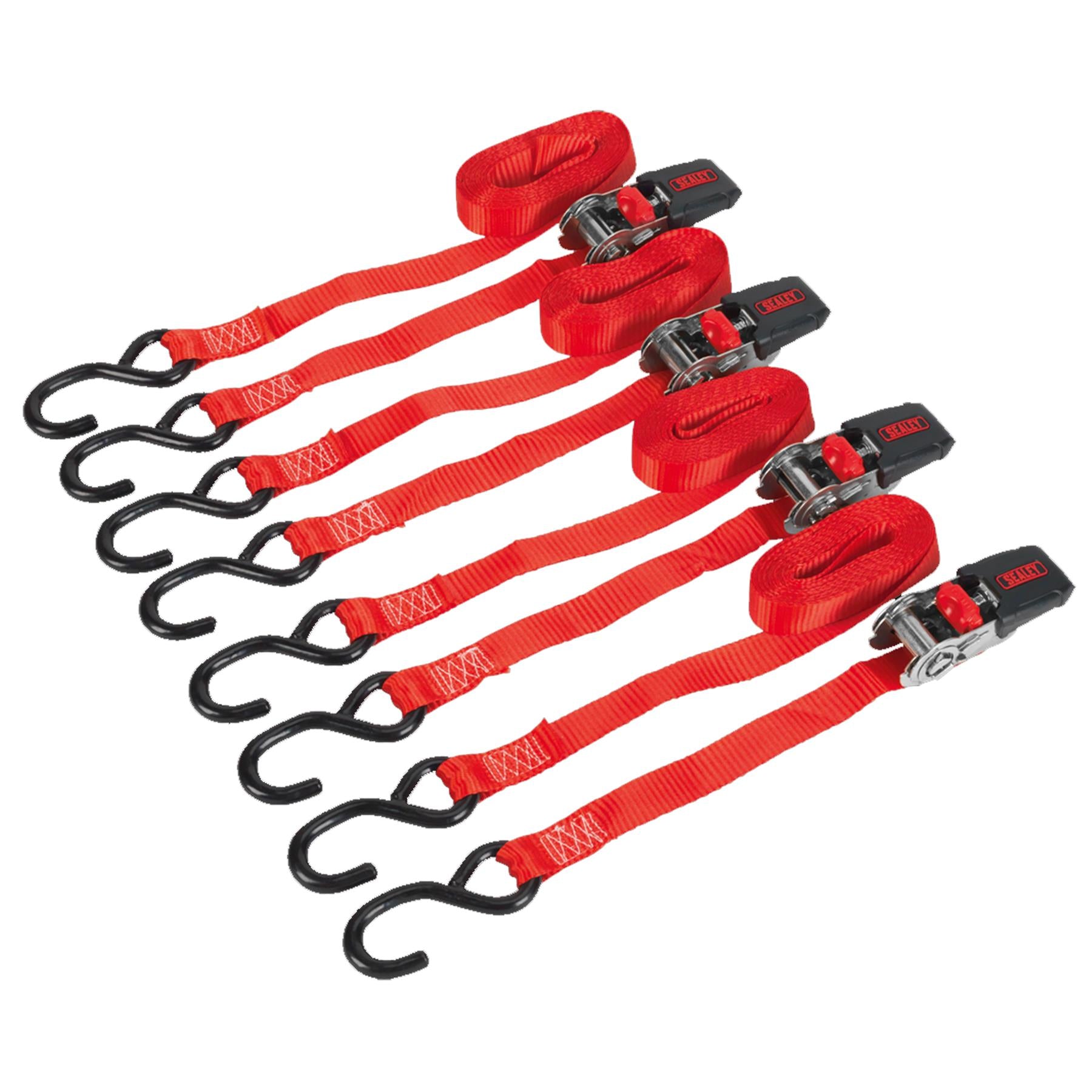 Sealey Ratchet Tie Down 25mm x 4m Polyester Webbing with S-Hooks 800kg Breaking Strength - 2 Pairs